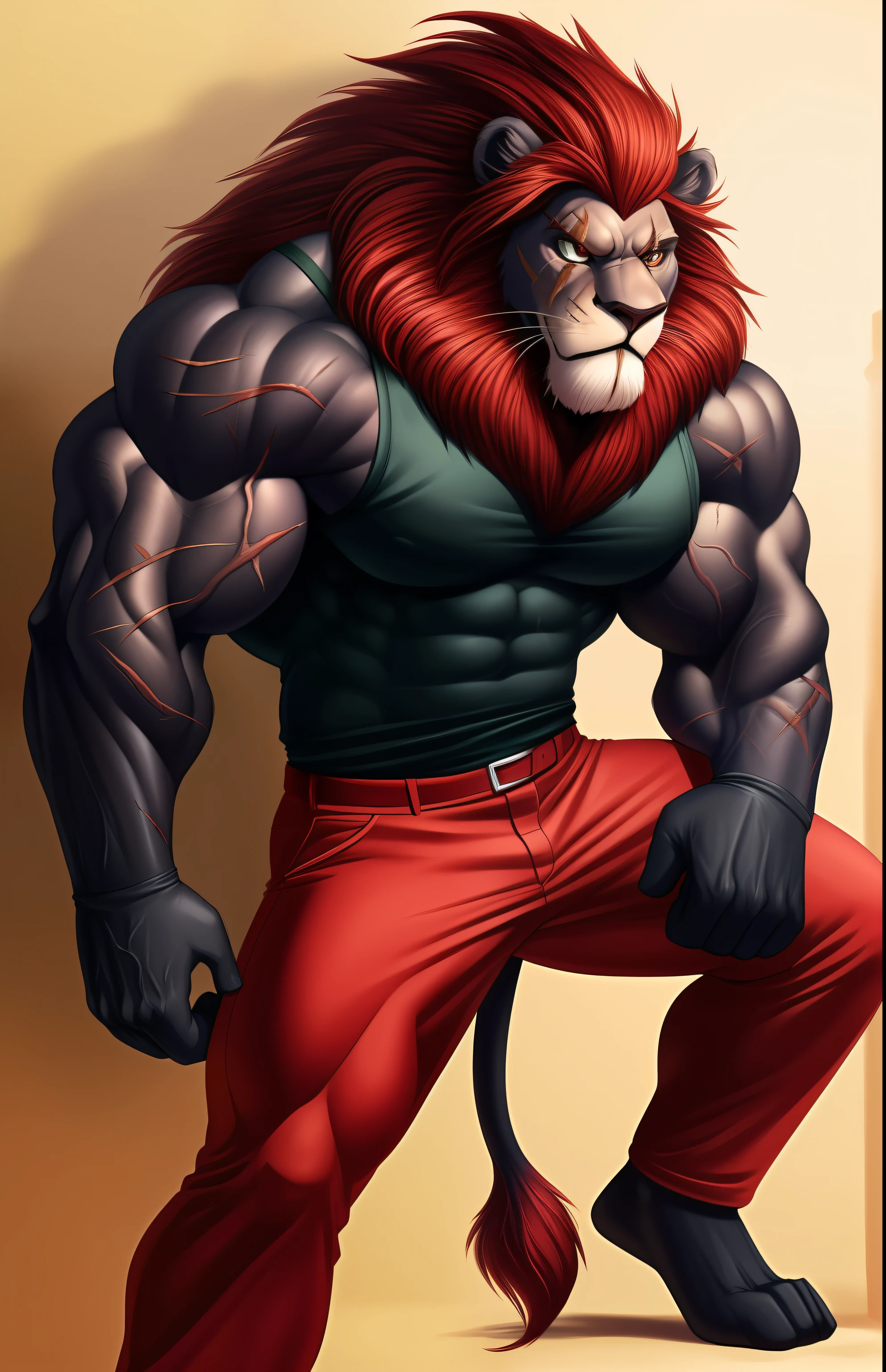 ultra-quality, hyper-detailed, realism, {1man with lion's head}, {2.10m tall:1.2}  ((fierce lion's head)), ((red mane color:1.2)), ((detailed mane:1.2)), ((big juba)), ((angry expression)), ((A scar on the left eye:1.3)), ((very muscular body:1.3)), ((fulfilled body:1.2)), ((thin waist)), ((Muscular arms with veins:1.3)), ((black gloves on hands:1.2)), [like Gado Dolar from bloady roar 2], ((detailed hyper art)), ((sleeveless black skin-tight shirt:1.2)), ((red pants:1.3)), ((muscular thighs:1.1)), ((lion's tail:1.1)),