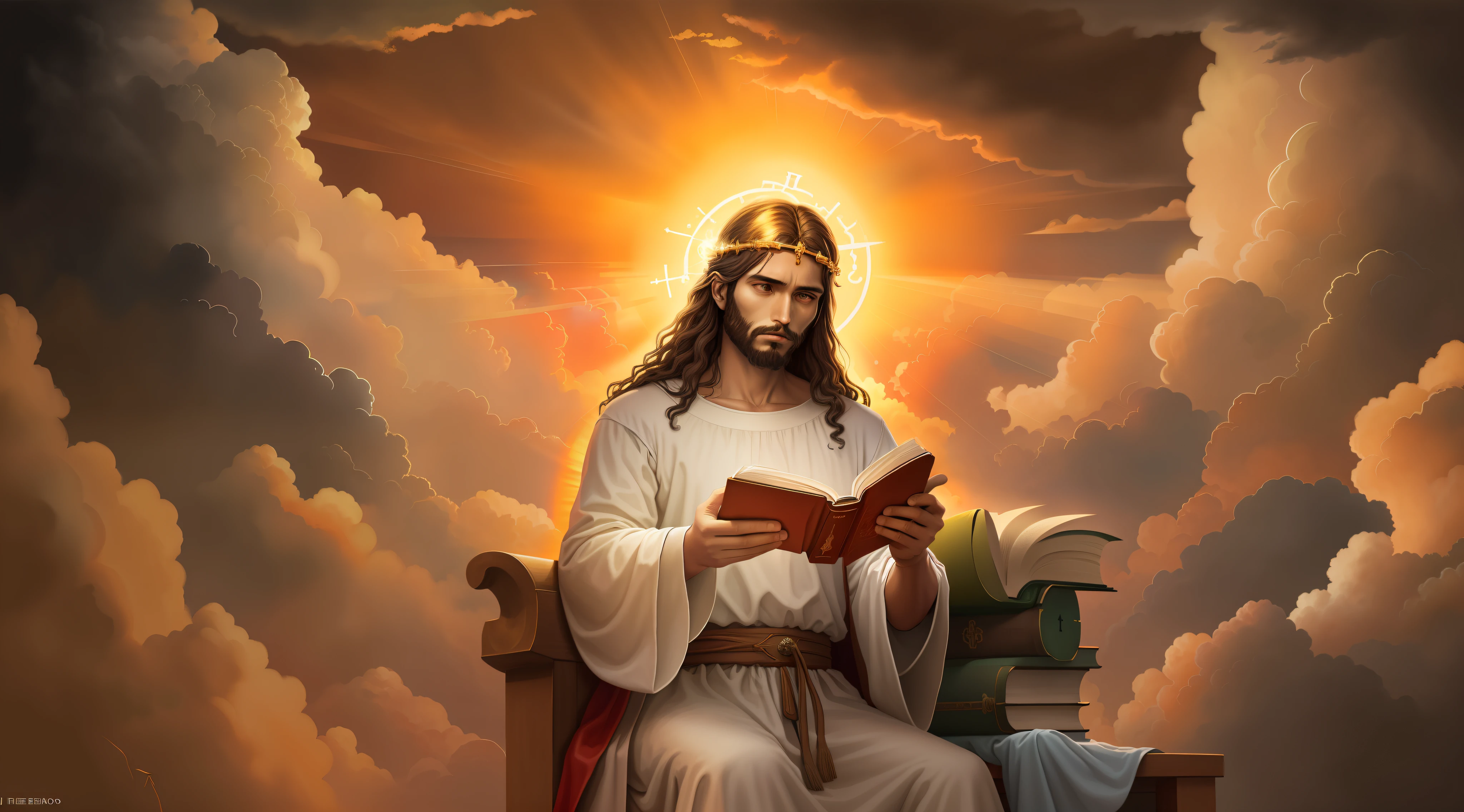 Imagem de Jesus lendo um livro nas nuvens, Rei dos Reis, O Senhor e Salvador, bible illustration, sentou-se em seu trono, Jesus Cristo, Jovem Deus Todo-Poderoso, senhor, O Deus Imperador da Humanidade, muitas coroas!! upon his head, arte conceitual de deus, imagens sagradas, Retrato de Jesus Cristo, deus raios solares, Jesus