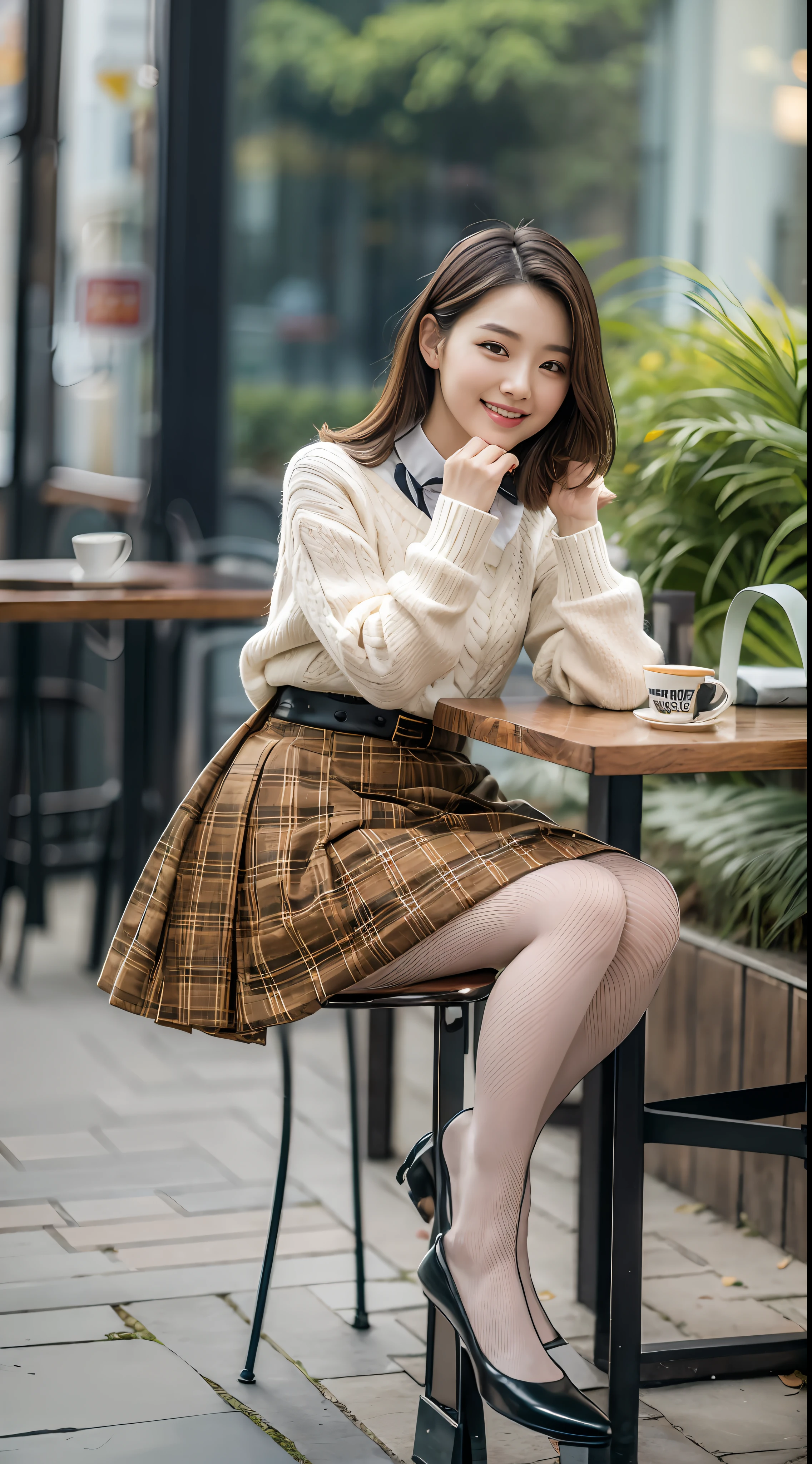 8k uhd, dslr,film grain, Fujifilm XT3,(best quality:1.3), (masterpiece:1.1), high resolution, cinematic light, intricate details, (photorealistic),outside,beautiful outside,sunny,
korean girl,(in cafe:1.5) , dimples, bobcut, looking at viewer, detailed trees, ribbons, bowties, bare shoulders, ribbed sweater,
pencil skirt, high-waist skirt, head rest, sitting, indoors,
necklace,black pantyhose, sheet transportation sweater, (smile),(full body:1.6),slender,