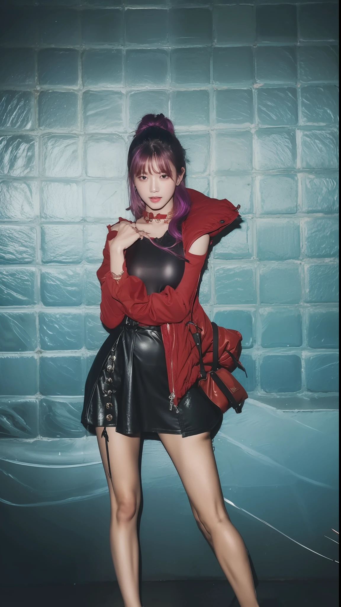 （（middlebreast，small heads）），sunlights，rays of sunshine，（perfect bodies：1.1），Purple colored hair，Full body photo，crowding street，wearing a black tank top，jean jacket，（（short  skirt）），（极其细致的CG 8k壁纸），（Extremely refined and beautiful），（tmasterpiece），（best qualtiy：1.0），（超A high resolution：1.0），beautiful light up，stage，realistic shaded，[A high resolution]，Delicate skin，Super detailed face