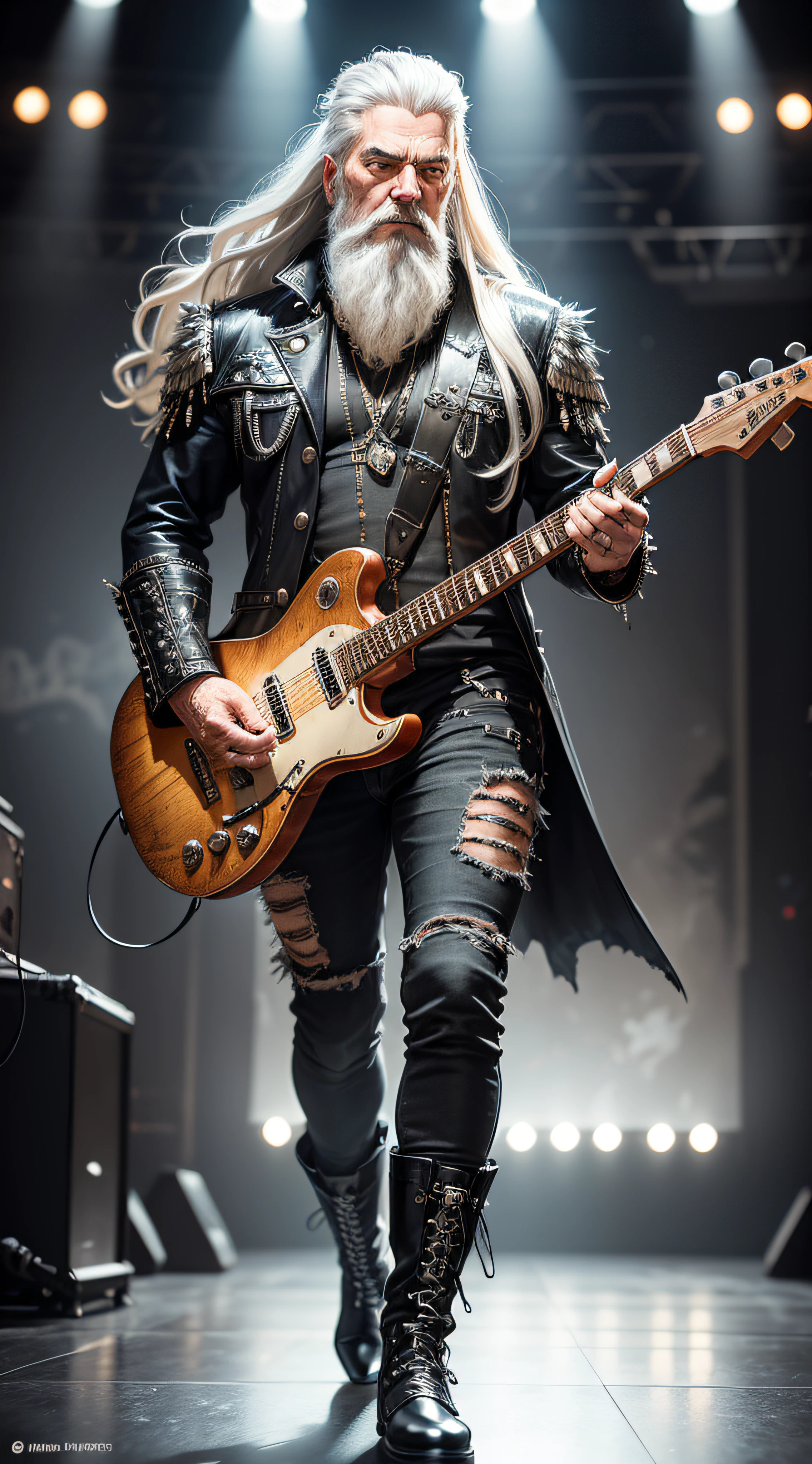 A stunning ultra-realistic artwork of a metal grandfather, captured in full body, with flowing silver hair, a beard, and a stage presence that commands attention. The intricate detailing showcases his worn guitar, studded boots, and the fire in his eyes that speaks of a lifelong love for rock music --auto