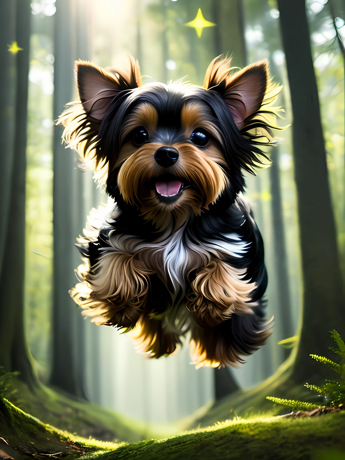 Close-up photo of a very cute jumping Yorkshire Terrier in the forest，Soft volumetric light，（The light from the back window is backlighted：1.3），（cinematic ligh：1.2），Complicated details，（art  stations：1.3），rootkowski