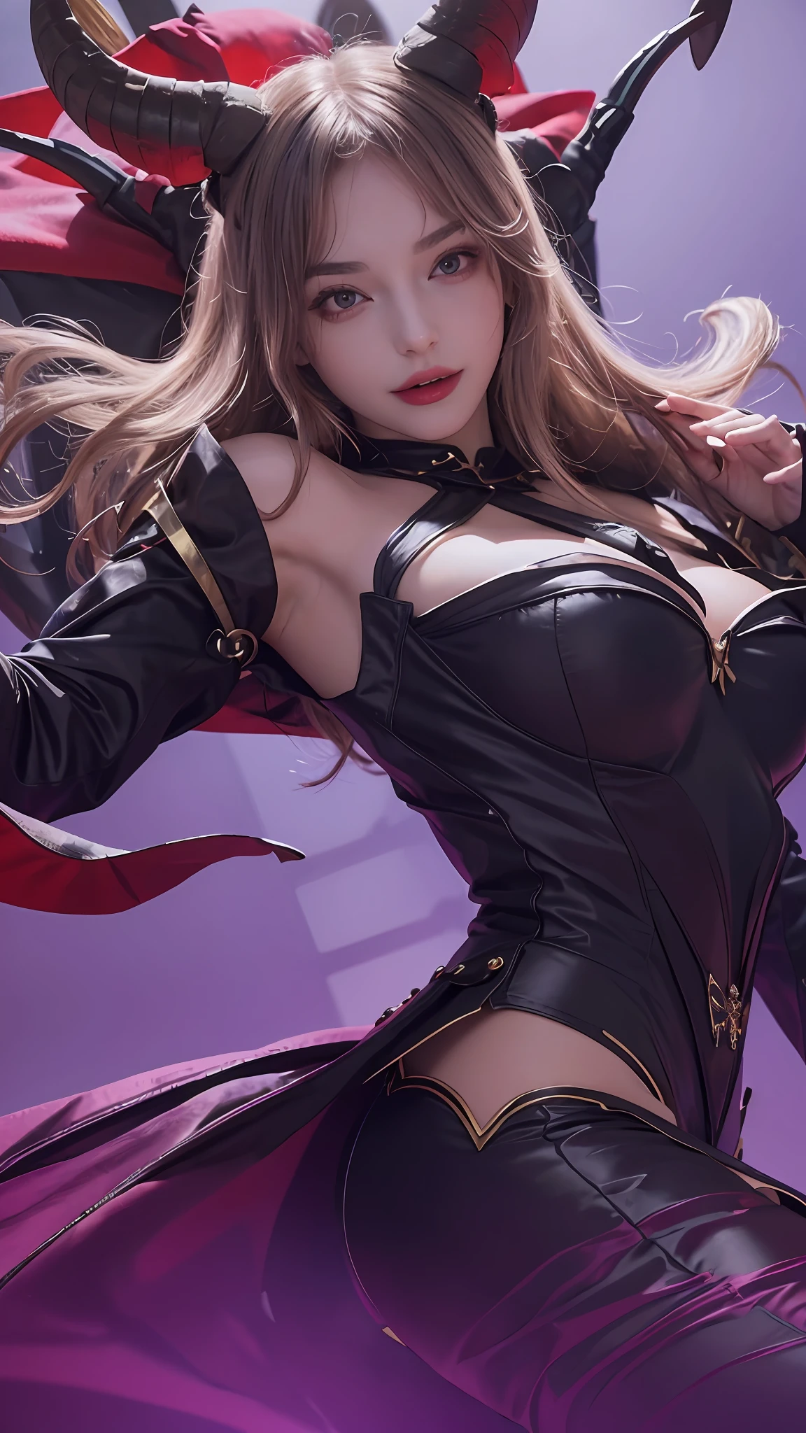 ((Best Quality, 8K, Masterpiece:1.3)), Focus: 1.2, Perfect Body Beauty: 1.4, Buttocks: 1.2, ((Layered Haircut, Breasts: 1.2)), small breasts, cosplay, in a photo studio violet background, Vampire suit: 1.1, Highly Detailed Face and Skin Texture, Fine Eyes, Double Eyelids, Whitening Skin, Long Hair, (Shut Up: 1.3), Smile, two horns