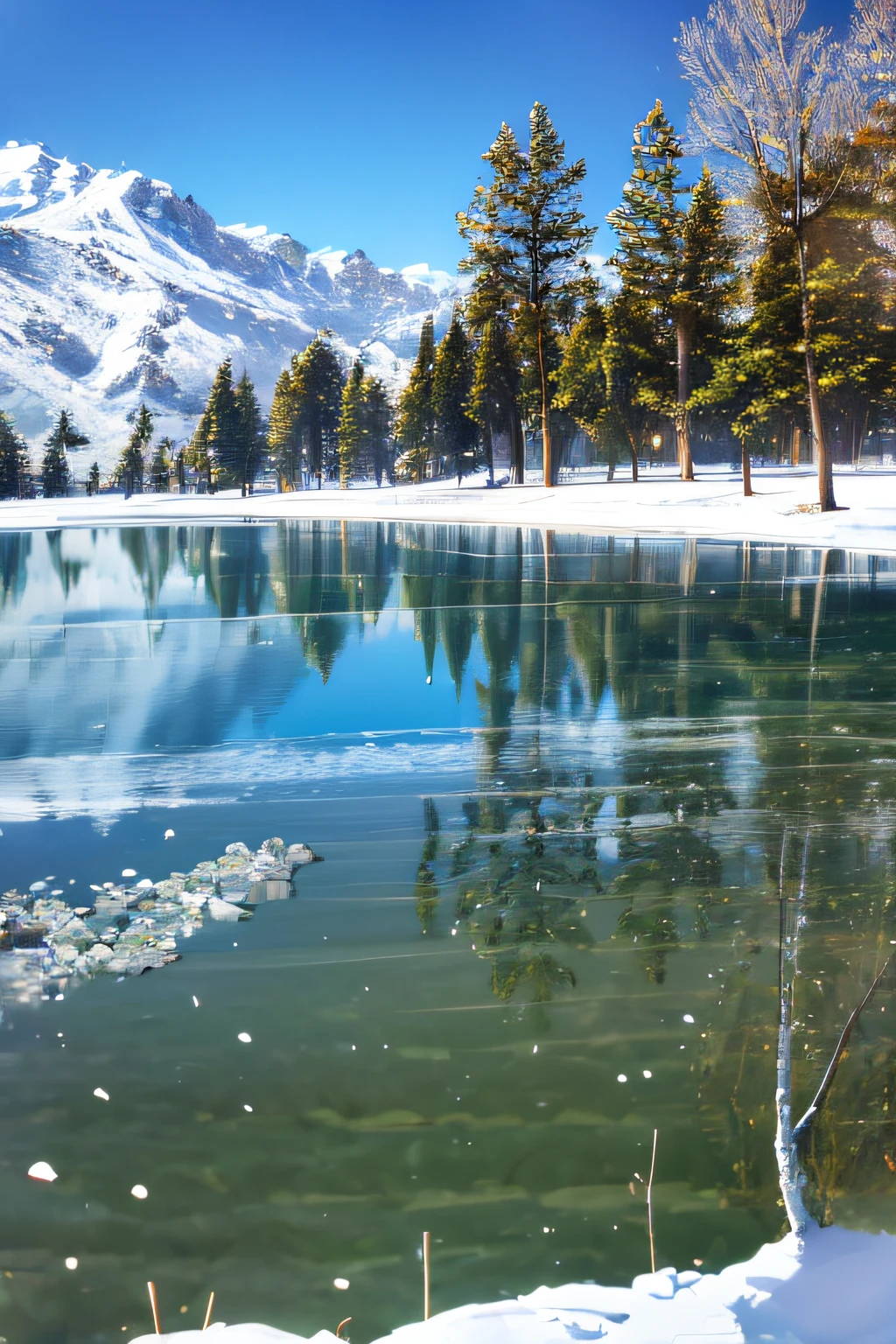 (masterpiece), (best quality:1.4), absurdres, [:intricate details:0.2], 1girl, tree, snow, solo, outdoors, water, mountain, large breasts, bikini, long hair, scenery, winter, lake, (looking at viewer:1.2), day, sky, reflection --auto