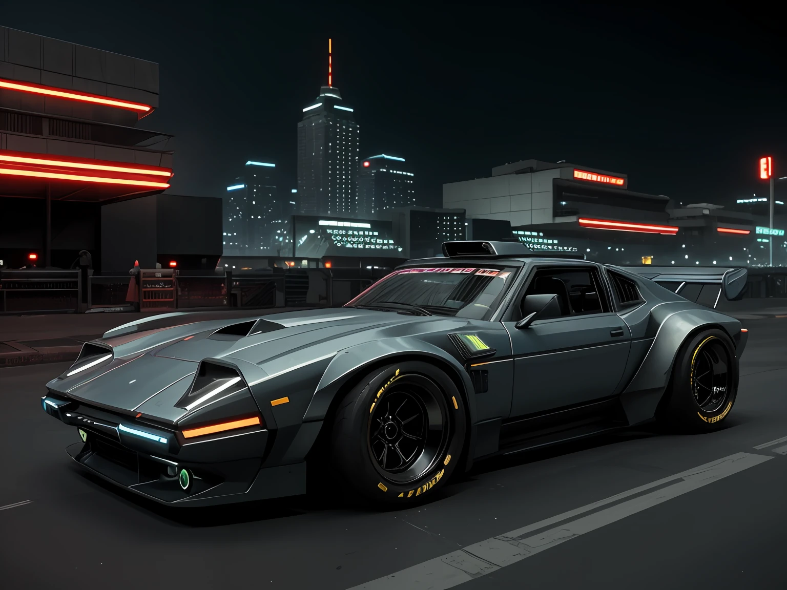 cyberpunk (((retro zeekars))) (with glowing rims), wide tires, at the parking lot, at night city,