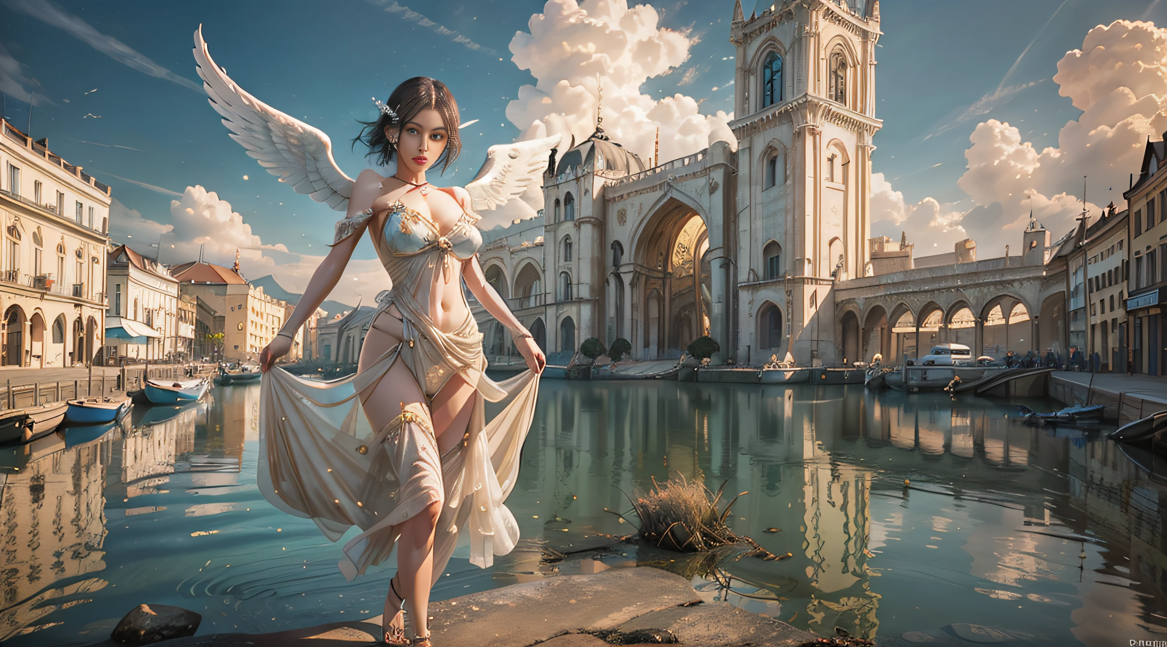 Uma mulher majestosa, detalhado, great angel descending from a burning heaven, rosto super detalhado 32k,cintura estreita, magro, olhos grandes, pernas longas, (seios pequenos), olhos inchados, Fujifilm, 32k, Imax, grau de cor, cinemactic, moton blur, baixo contraste, rio, nearwater, junco, a landscape rendering, estilo de colagem, melhor qualidade, architectural photography, foto realista, hyperealistic, super detalhado, Photography movie cinematic, ultra detalhado, altamente detalhado, architectural design, fotorrealista, cinemactic, renderizado, archdaily, 500px, archdaily, sky clear, belo projeto de paisagem