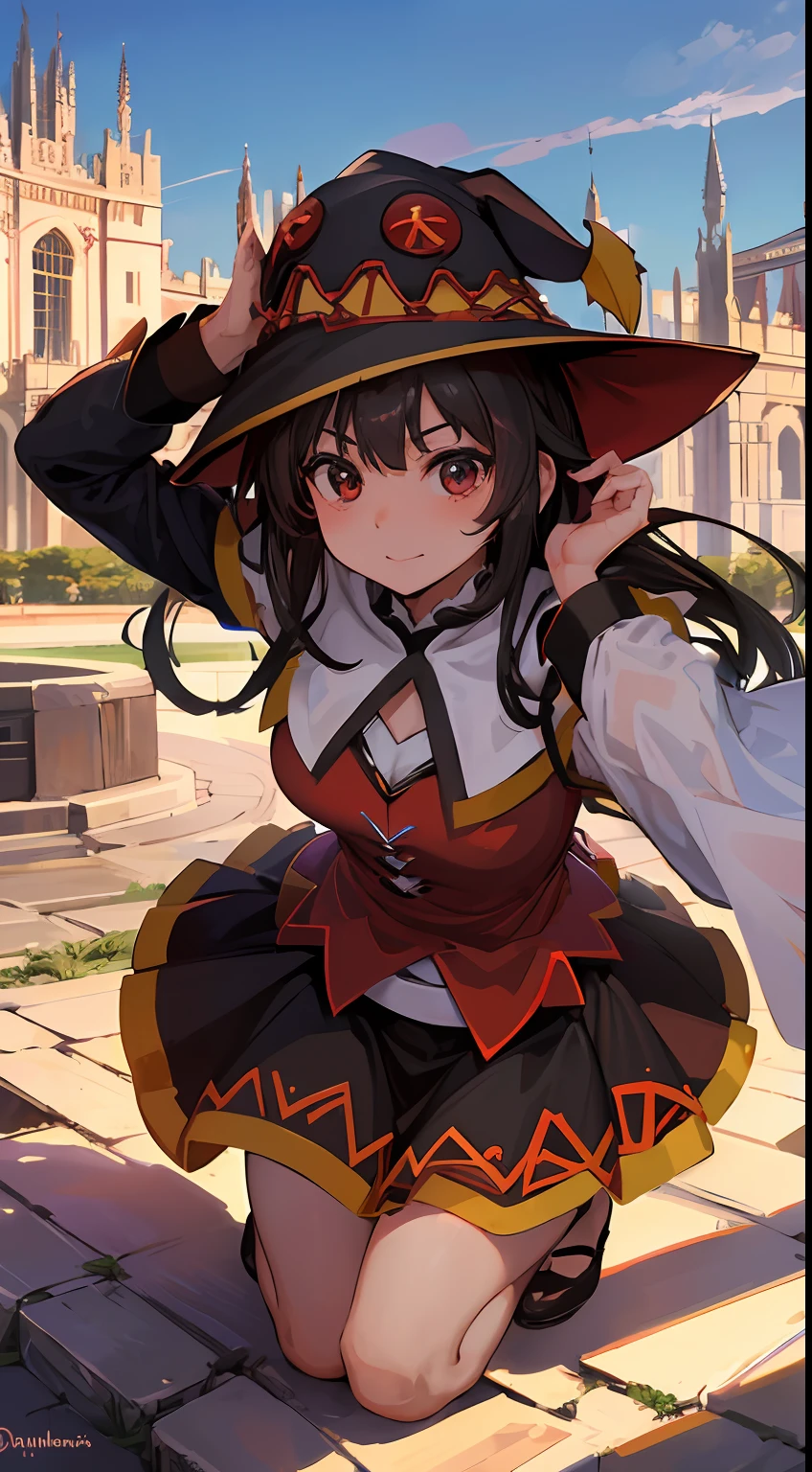 Anime, 4k, Elsa-Megumin Fusion, Mesclando modelos, melting, ((Usando roupas da Megumin + Usando chapeu da Megumin + Segurando o cajado)), (Roupas vermelhas + Detalhes amarelhos + Capa preta), Dentro da Taverna, 1girl, Beautiful, Character, Woman, Female, Rosto apavavorada, (master part:1.2), (melhor qualidade:1.2), (Solo:1.2), ((pose de luta)), ((campo de batalha)), cinemactic, olhos perfeitos, pele perfeita, perfect lighting, sorrir, luz, cor, pele texturizada, detalhe, Beleza, maravilha, ultra-detalhado, rosto perfeito