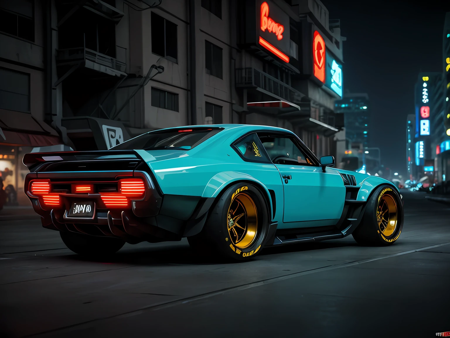 cyberpunk (((retro zeekars))) (with glowing rims), wide tires, at the parking lot, at night city,