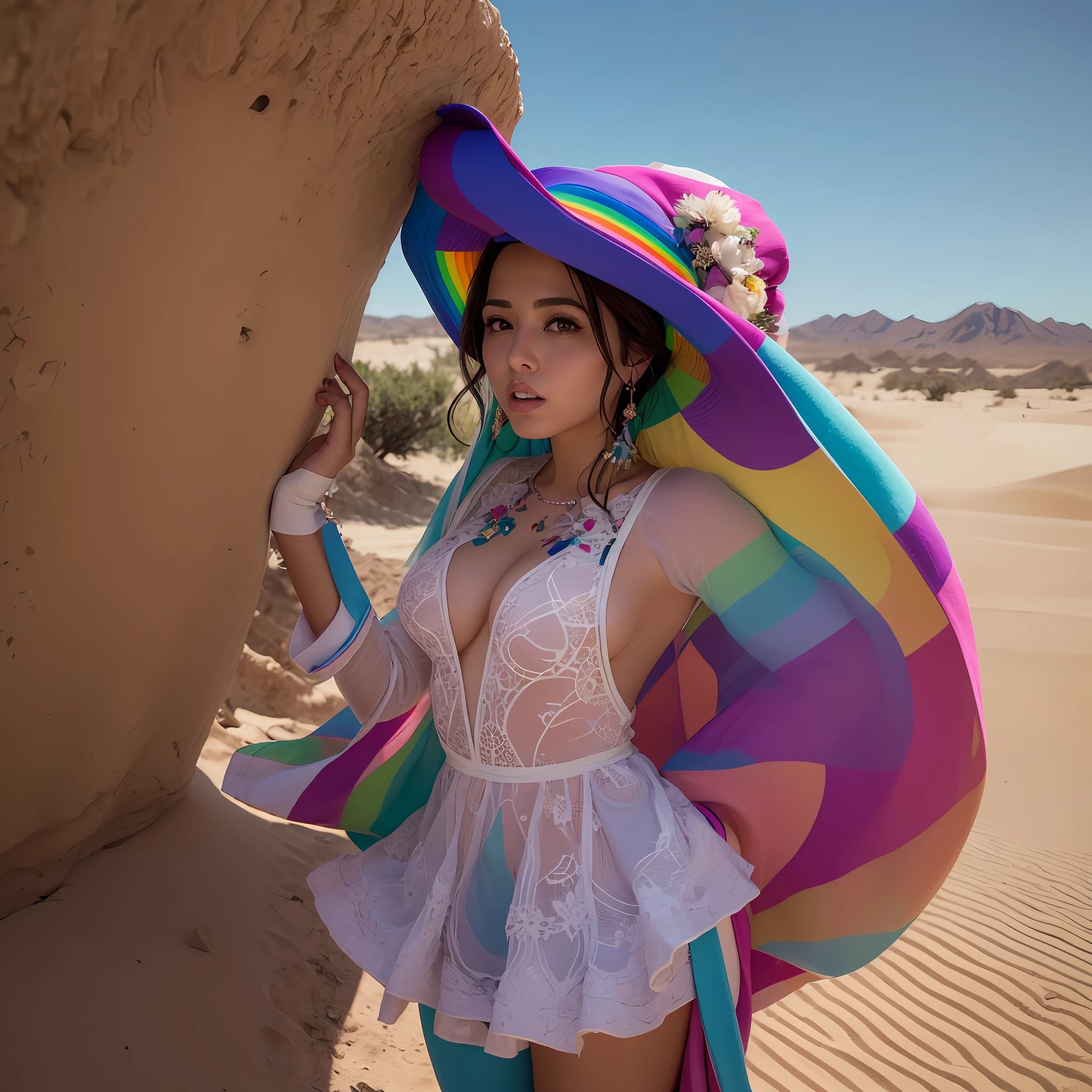 crie Mariana Davalos em Fotografia de corpo inteiro da obra de arte mais bonita do mundo, uma bela mulher em traje intrincado queimando no deserto, rainbow colors, ArtStation, CGSociety, complexo, alto detalhe, foco claro, dramatic, realista pic --auto --s2