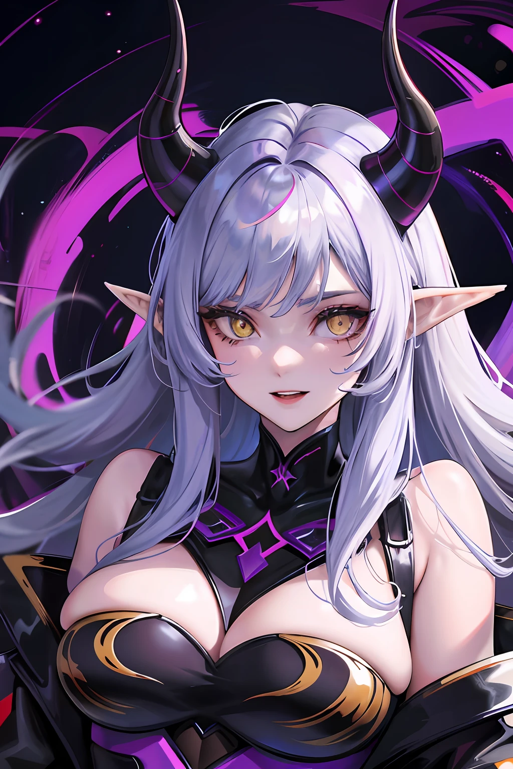 A female Milf demon with long silver hair and purple locks with elf ears and black demonic horns, Yellow eyes of the demon, pupila vertical, rosto maduro e adulto com um sorriso perverso para os espectadores, dentes de vampiro, corpo volumoso com seios e busto enormes, pale skinned, Widow's dress, cidade cyberpunk, cidade futuristica, Particulas roxas, corpo volumoso com seios e busto enormes, Cabelo prateado com mechas roxas ,(yellow demonic eyes), olhos brilhantes, Moda realista, sysie high definition details, fotografia, perspicacity, unique 850 4, Koda850 k portrait camera, Primavera F1.6, cores ricas, Textura super realista, textura de luz espetacular, arte surreal, Cinestil 800 mecanismo de moda.