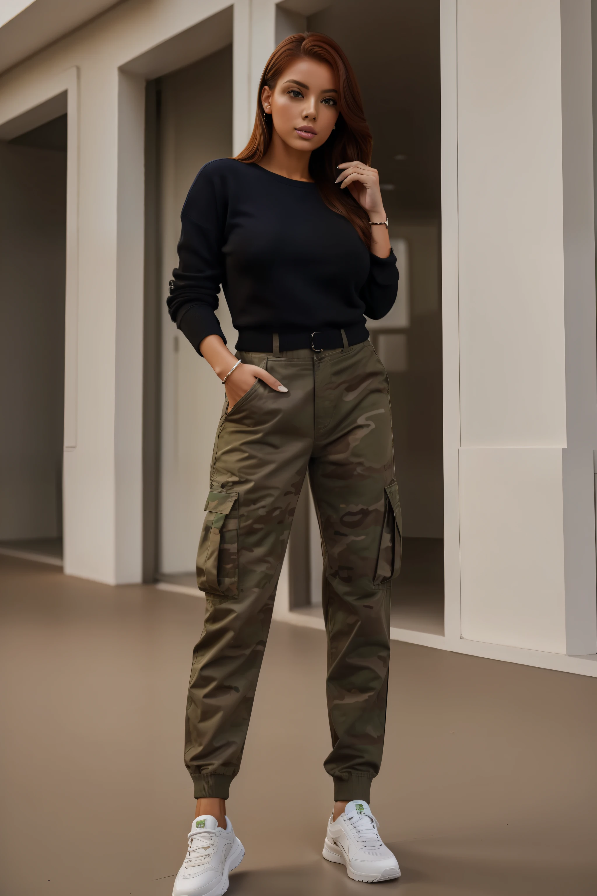 Mulher ruiva com mexas pretas no cabelo, franja na testa, sueter gola alta, military office pants, tenis branco, 4K, high-res, pele fina, melhor qualidade