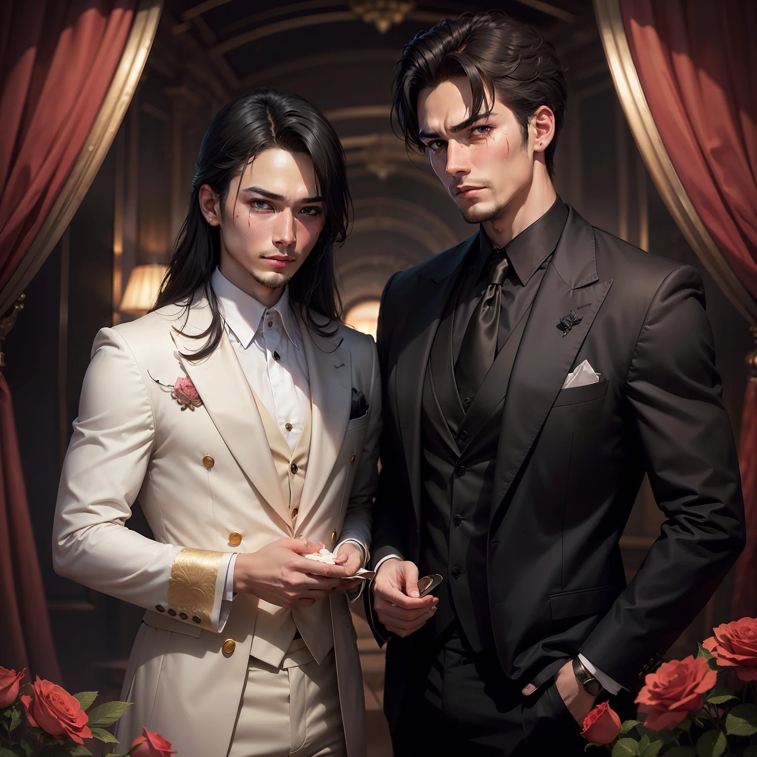 (A half body))RAW Photo , (Use a dark and attractive beard) A cinematic scene, (Impeccably clean) ,Sexy and attractive man, Men's style, (The face of mysterious seduction,)short detailed hair,Classy and Elegant, (high quality and realistic image),((best qualtiy,8k,tmasterpiece)。A man looks at the camera,Looks like actors Zun Long and Yang Yang,With an innocent expression on his face,Countless rose and peony petals fill the picture,There is a handsome man's face in the middle of the petals,Eyebrows are clear,There was a longing for love in his melancholy eyes,There are teardrops in the corners of the eyes,Delicate skin,There are pore lines,The ears are big,hair messy,The face has a faint blush,The lips were slightly open with blood,Holding a black rose in his hand,Expose the chest,Blood stains on fingernails,The atmosphere is mysterious,The face is clear,Full of detail,localized light,Aperture dispersion,真实感,Advertising hard photo style,High contrast between light and dark,Magazine cover design。