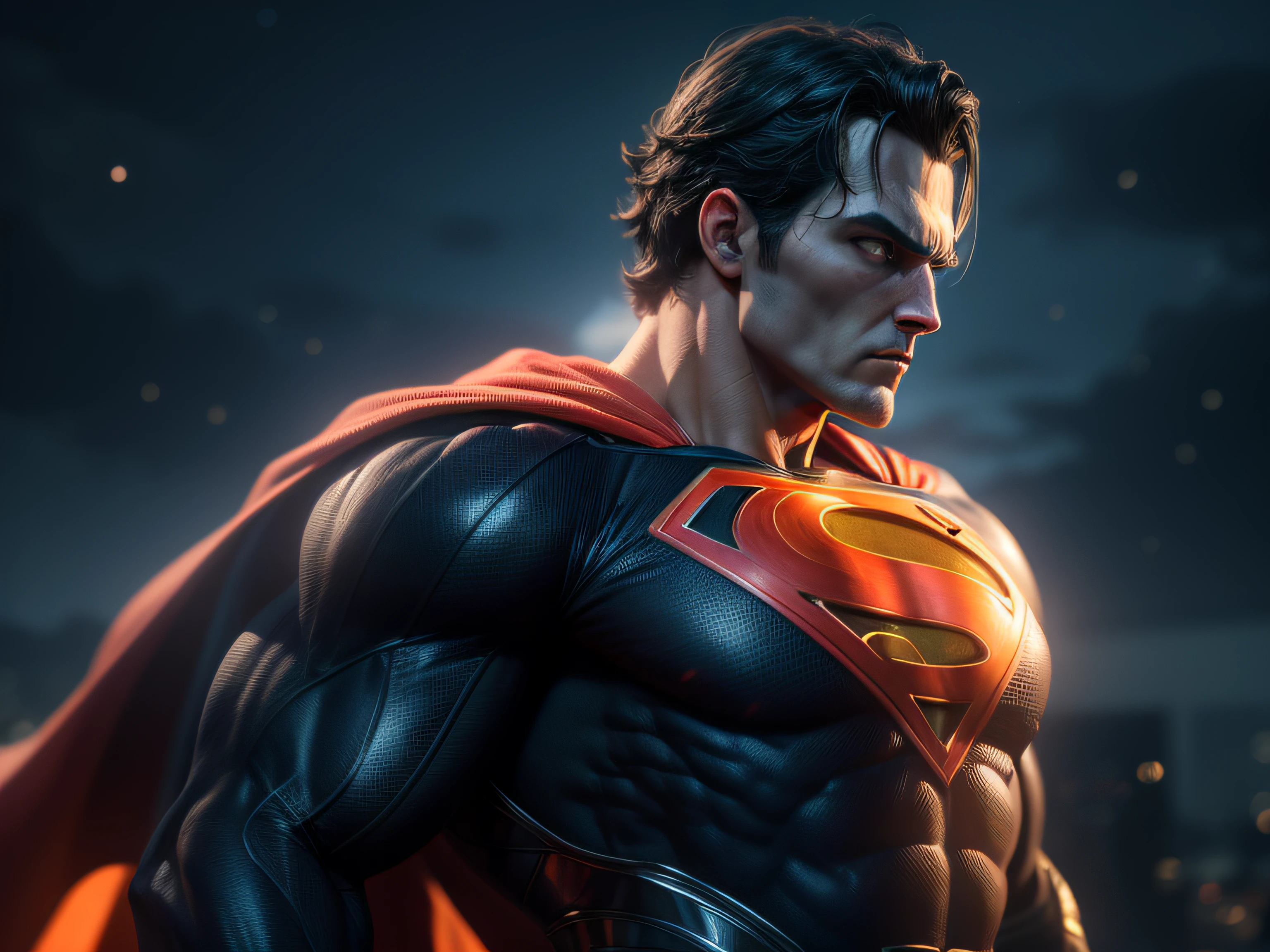 Close a powerful threat, The imposing appearance of the mighty Superman dressed in orange uniform, menacing stare, ricamente detalhado, Hiper realista, 3D-rendering, obra-prima, NVIDIA, RTX, ray-traced, Bokeh, Night sky with a huge and beautiful full moon, estrelas brilhando, 8k,