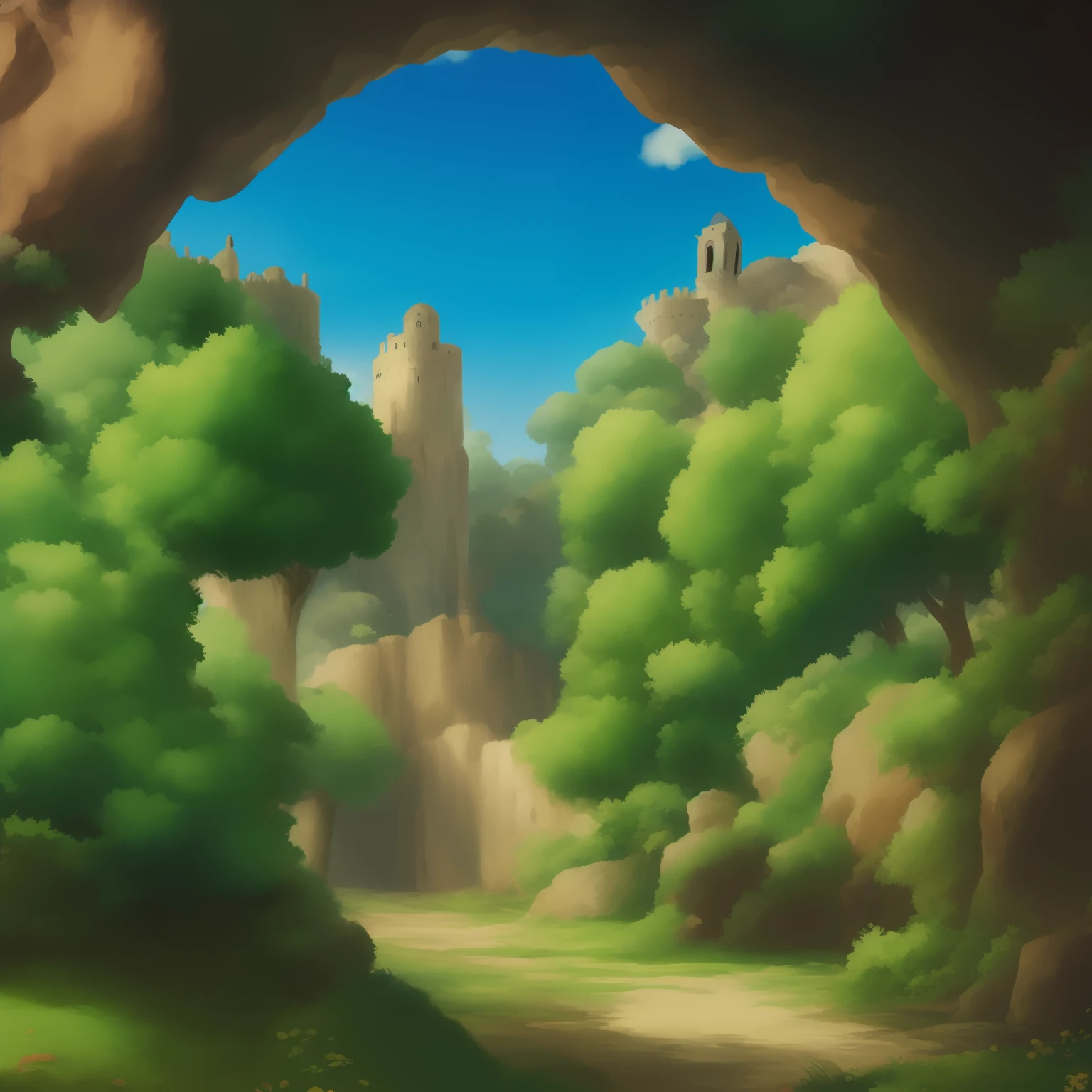Long shot, imagem de anime, Paisagem natural com um vale pitoresco, um velho castelo antigo no canto direito da imagem, A magician in the castle tower, o mago veste uma roupa verde e um capuz verde, paleta de cores voltadas para as cores marrom, vermelho, verde e azul pastel