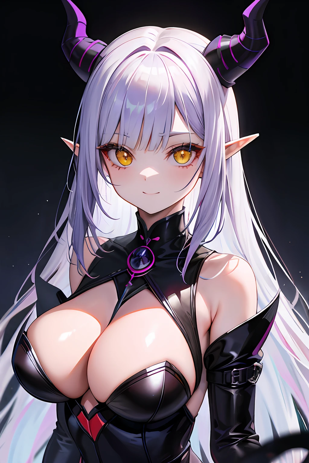A female Milf demon with long silver hair and purple locks with elf ears and black demonic horns, Yellow eyes of the demon, pupila vertical, rosto maduro e adulto com um sorriso perverso para os espectadores, dentes de vampiro, corpo volumoso com seios e busto enormes, pale skinned, Widow's dress, cidade cyberpunk, cidade futuristica, Particulas roxas, corpo volumoso com seios e busto enormes, Cabelo prateado com mechas roxas ,(yellow demonic eyes), olhos brilhantes, Moda realista, sysie high definition details, fotografia, perspicacity, unique 850 4, Koda850 k portrait camera, Primavera F1.6, cores ricas, Textura super realista, textura de luz espetacular, arte surreal, Cinestil 800 mecanismo de moda.