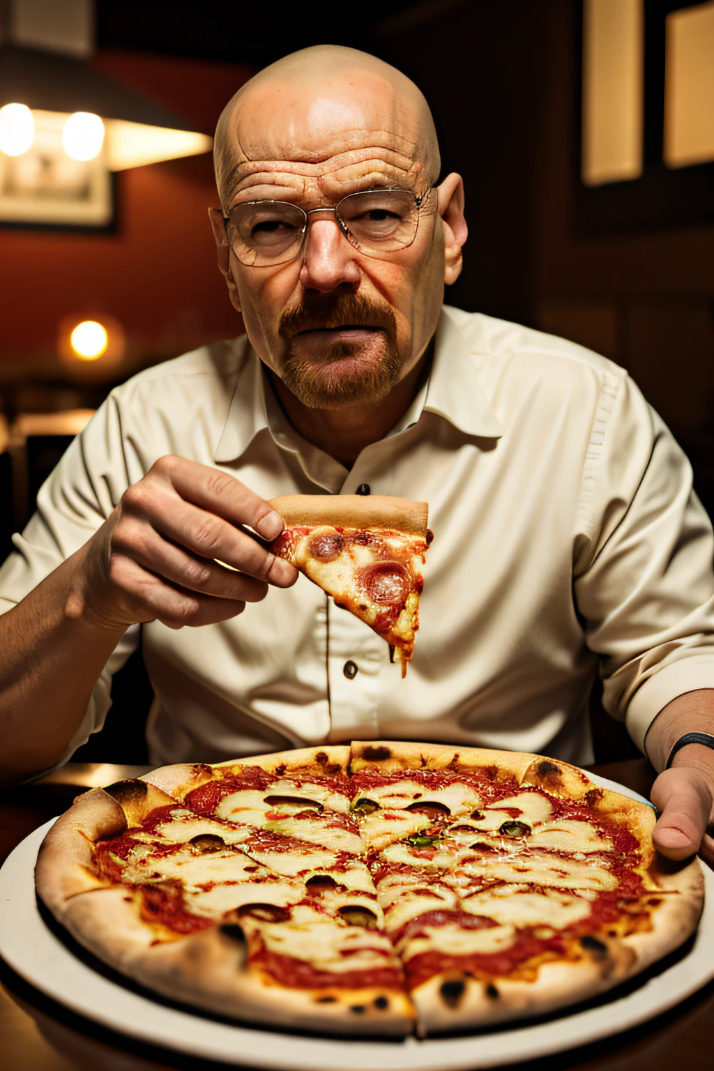 Waltbrba en un restaurante, (Pizza en plato:1.25), , solamente, Toma de retrato, 8k UHD, DSLR, alta calidad, Film grain, Fujifilm XT3