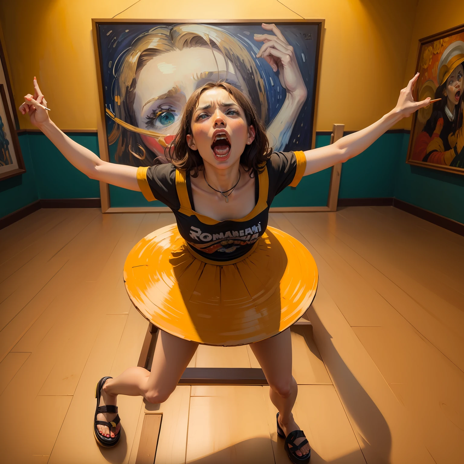 Recrie a tela "the scream.", de van Gogh, tocando pandeiro numa roda de samba. Mantenha o estilo de pintura de van Gogh, with oil paint.