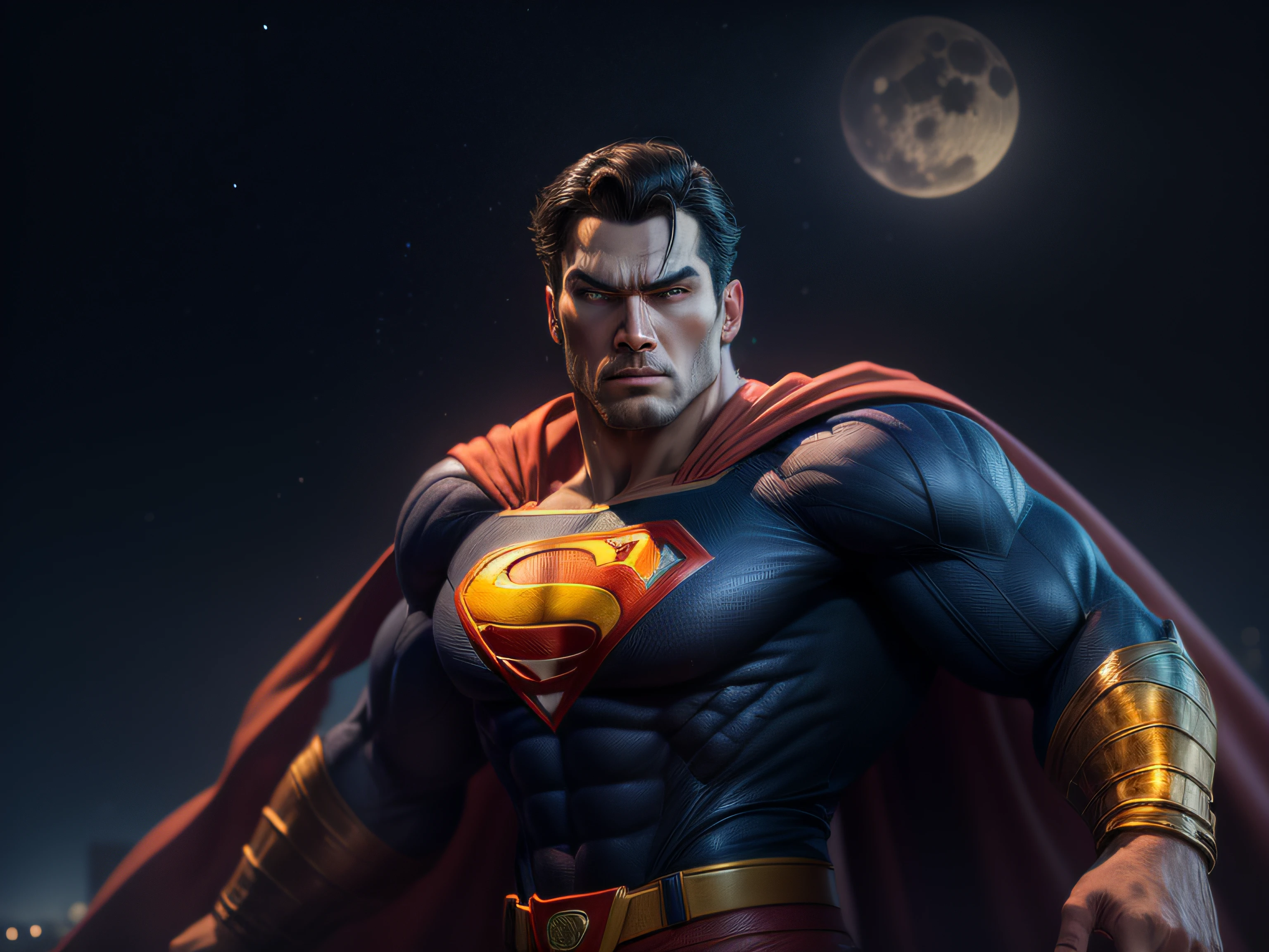 Close a powerful threat, The imposing appearance of the mighty Superman dressed in orange uniform, menacing stare, ricamente detalhado, Hiper realista, 3D-rendering, obra-prima, NVIDIA, RTX, ray-traced, Bokeh, Night sky with a huge and beautiful full moon, estrelas brilhando, 8k,