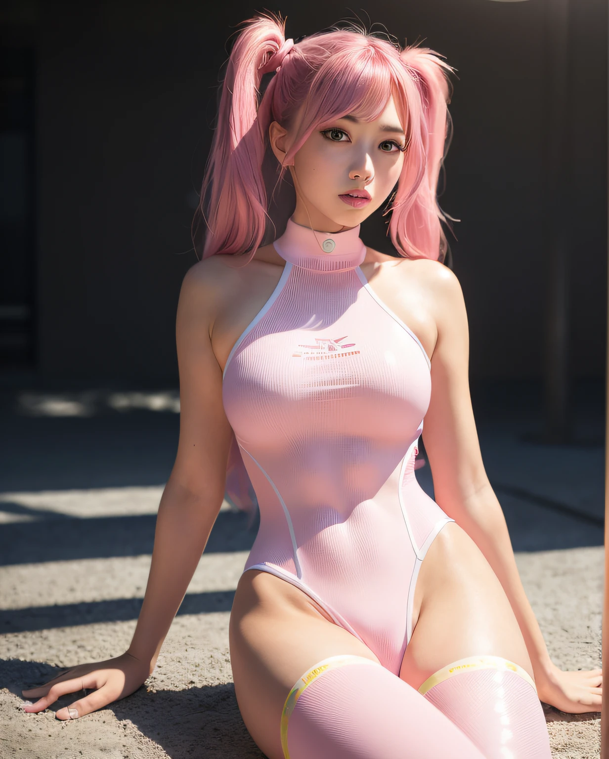 ulzzang-6500-v1.1,(raw photo:1.2),((photorealistic:1.4)),best quality ,masterpiece, illustration, an extremely delicate and beautiful, extremely detailed ,CG ,unity ,8k wallpaper, Amazing, finely detail, official art,extremely detailed CG unity 8k wallpaper,absurdres, incredibly absurdres, huge filesize, ultra-detailed, highres, beautiful detailed girl, extremely detailed eyes and face, beautiful detailed eyes,light on face,cinematic lighting,((extremely pink tight suit clothing)),1girl,full body,full-body shot,looking at viewer,((light pink hair)), red eyes,((bliss)), best detailed background, ((cosplay)), (smile), twintails, ((hold a rifle)),