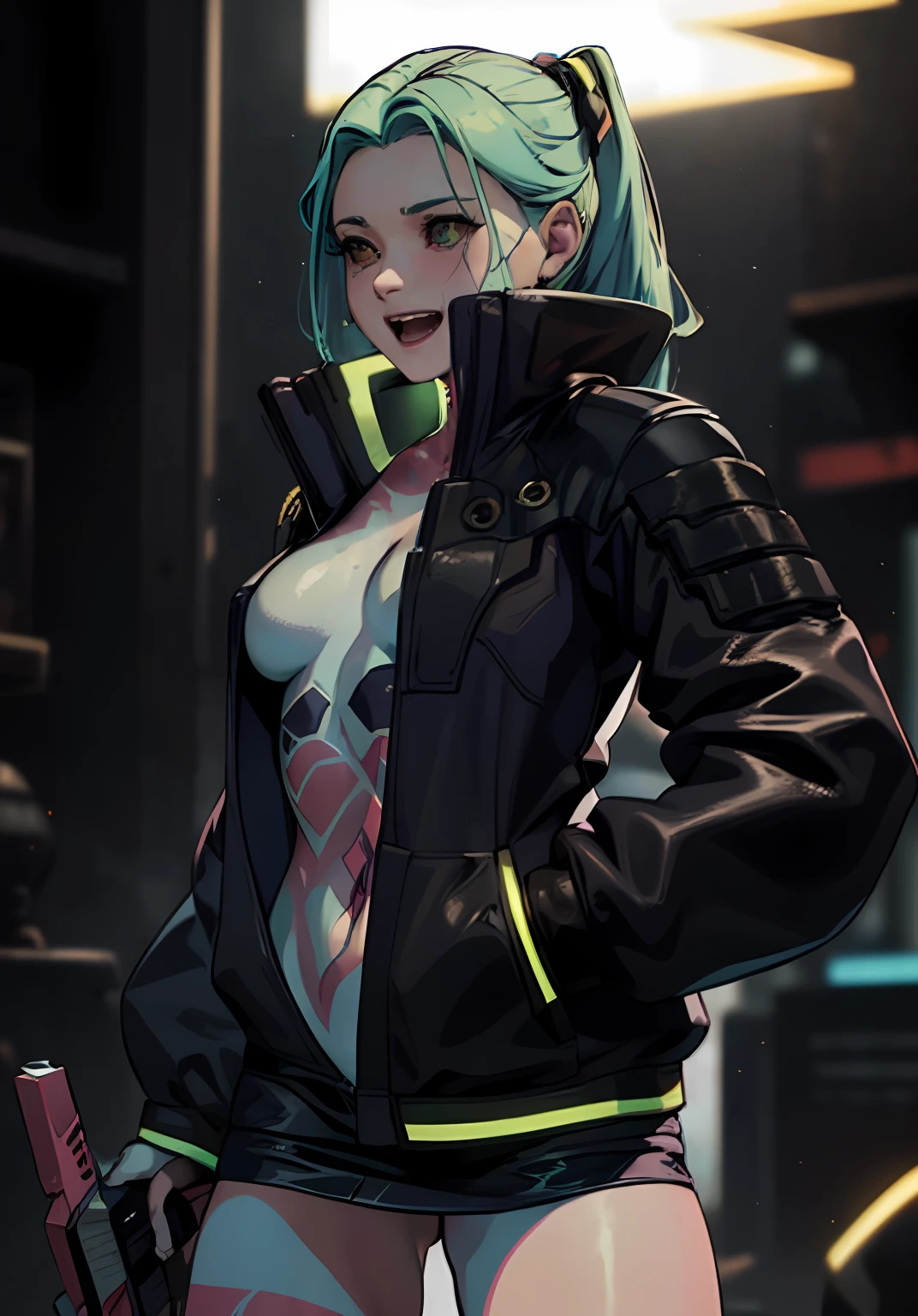 (cinematic, 8k, best quality, masterpiece: 1.2), (realistic, photo-realistic: 1.37), ultra-detailed, soft light, best quality, ultra highres, raw photo in HDR, sharp focus, intricate texture, skin imperfections, 1 girl, cute, solo, raw photo, Rebecca a robotic girl with green hair, laughing, pink tattoo on her neck and belly, wearing a black jacket with yellow details, holding a pistol in hand, 19yo, camel fingers, slim body, warm body, shiny skin, realistic textures, reflected lighting, volumetric lighting. Background a cyberpunk city at night, neon lighting.