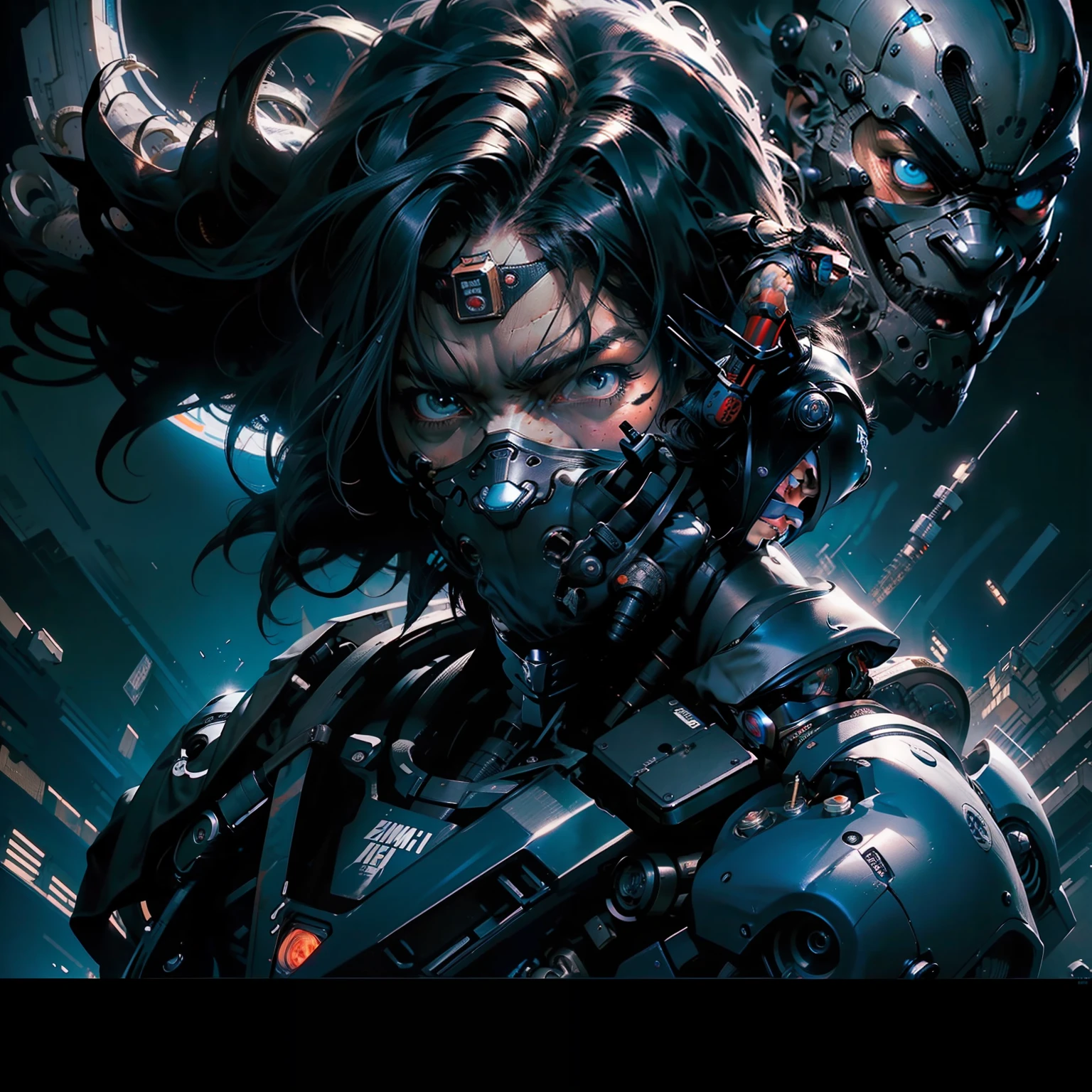 ((Best quality)), ((masterpiece)), (detailed: 1.4), (((cyborg ninja))) in the Simon Bisley style for the cover of Heavy Metal magazine, full body, (((super short black hair))), clean face, light blue carbon fiber clothing with small details in dark blue and white, city background