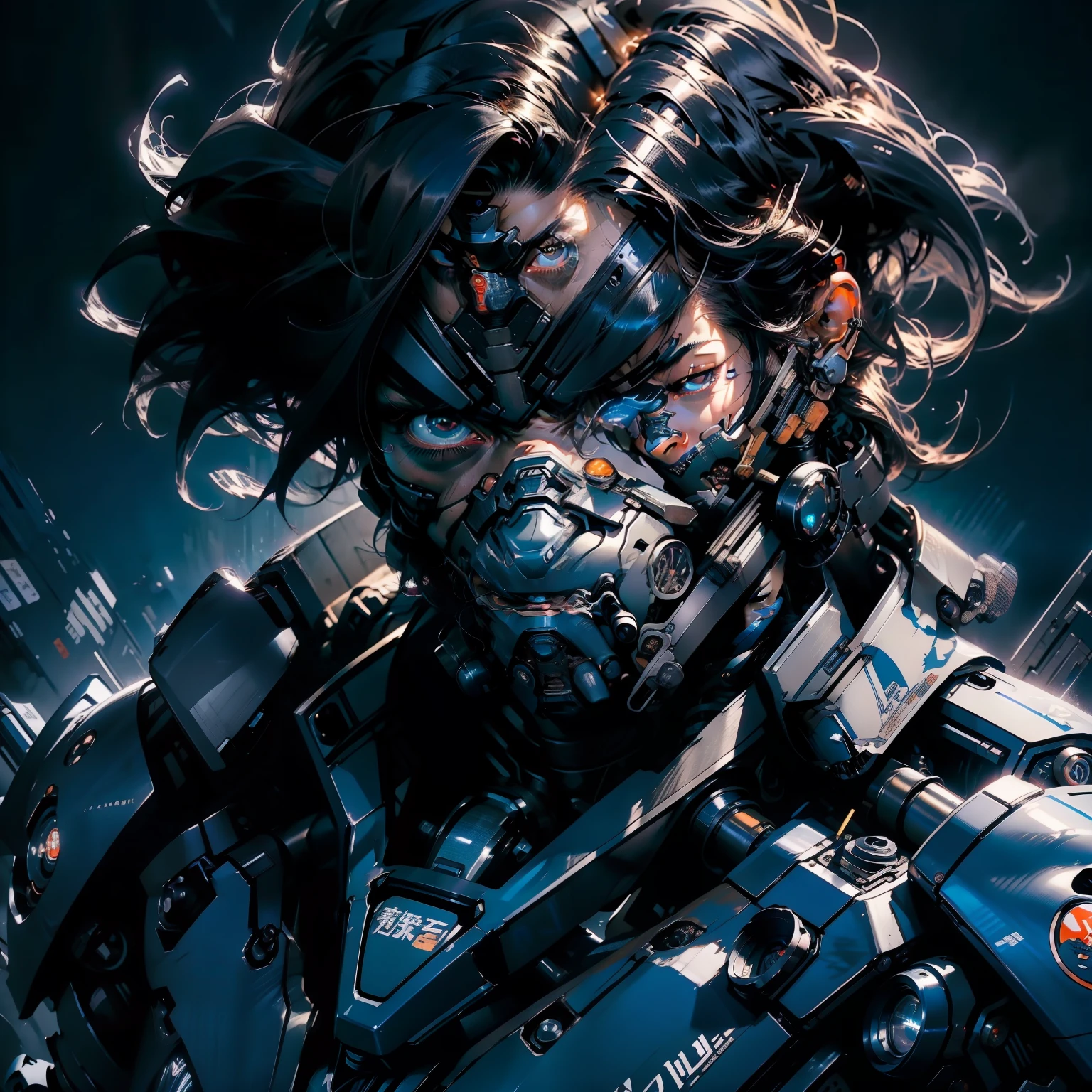 ((Best quality)), ((masterpiece)), (detailed: 1.4), (((cyborg ninja))) in the Simon Bisley style for the cover of Heavy Metal magazine, full body, (((super short black hair))), clean face, light blue carbon fiber clothing with small details in dark blue and white, city background