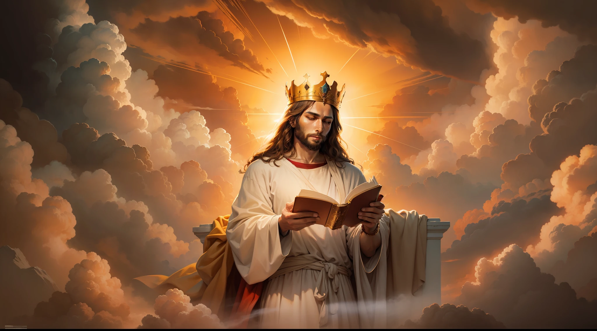 [a realistic painting of Jesus reading the bible with a golden crown amid the clouds of the burning sky]