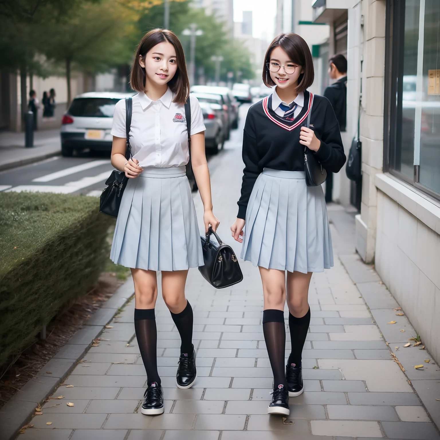 18-year-old high school girl，pixie hair,a black pleated skirt，White socks，Black shoes，wearing school bag，Walk on the sidewalk，