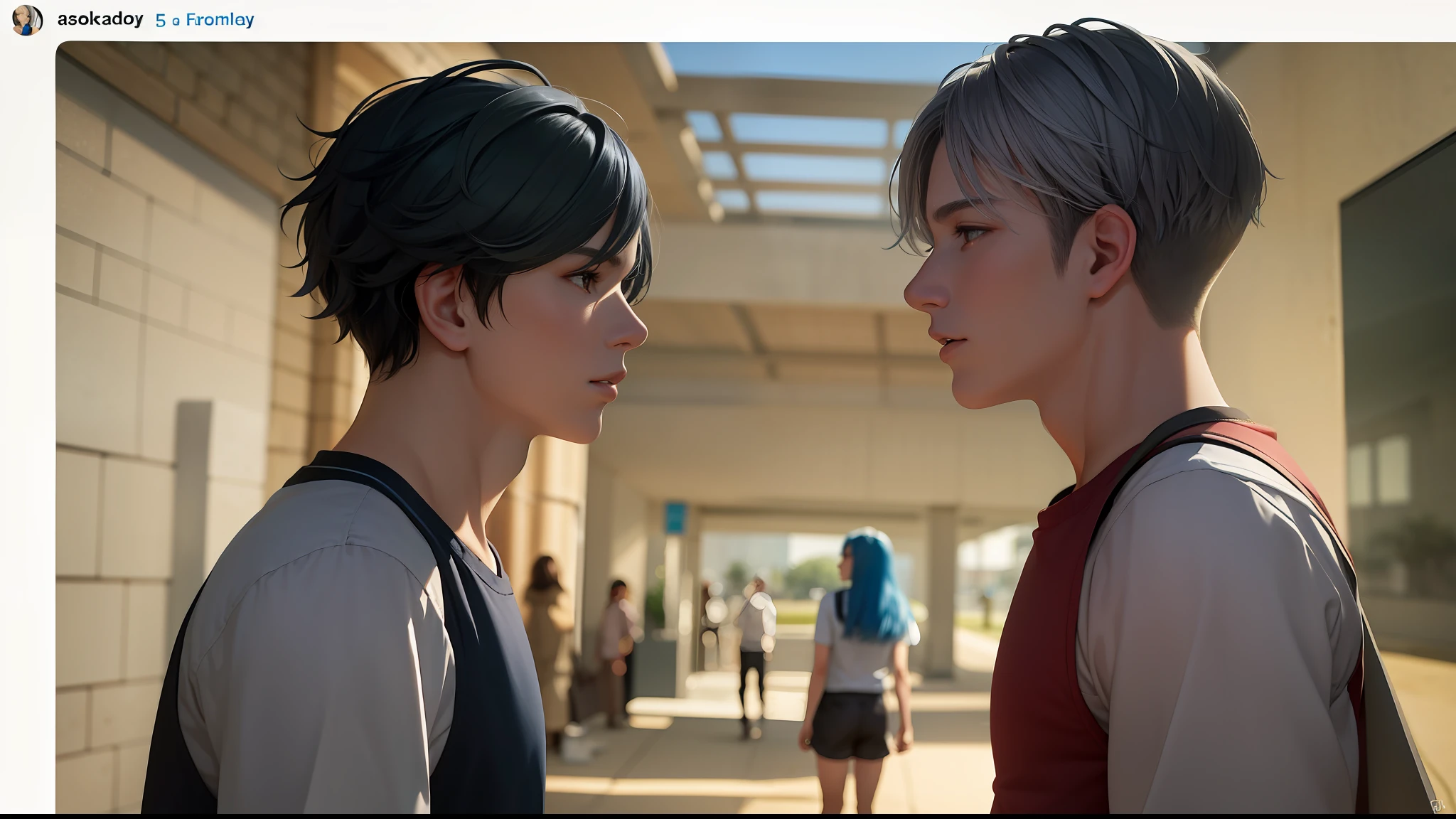 In the background is a silver city Two 15-year-old teenage friends with blue hair, With Latin skin and light gray hair on the outskirts of a large silver city they are talking about an important topic they are friends almost like brothers..........