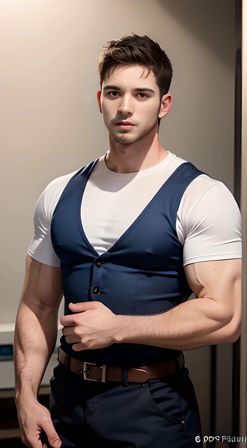 handsome young high school boy, Chris Redfield, short dark blue hair, blue eyes,