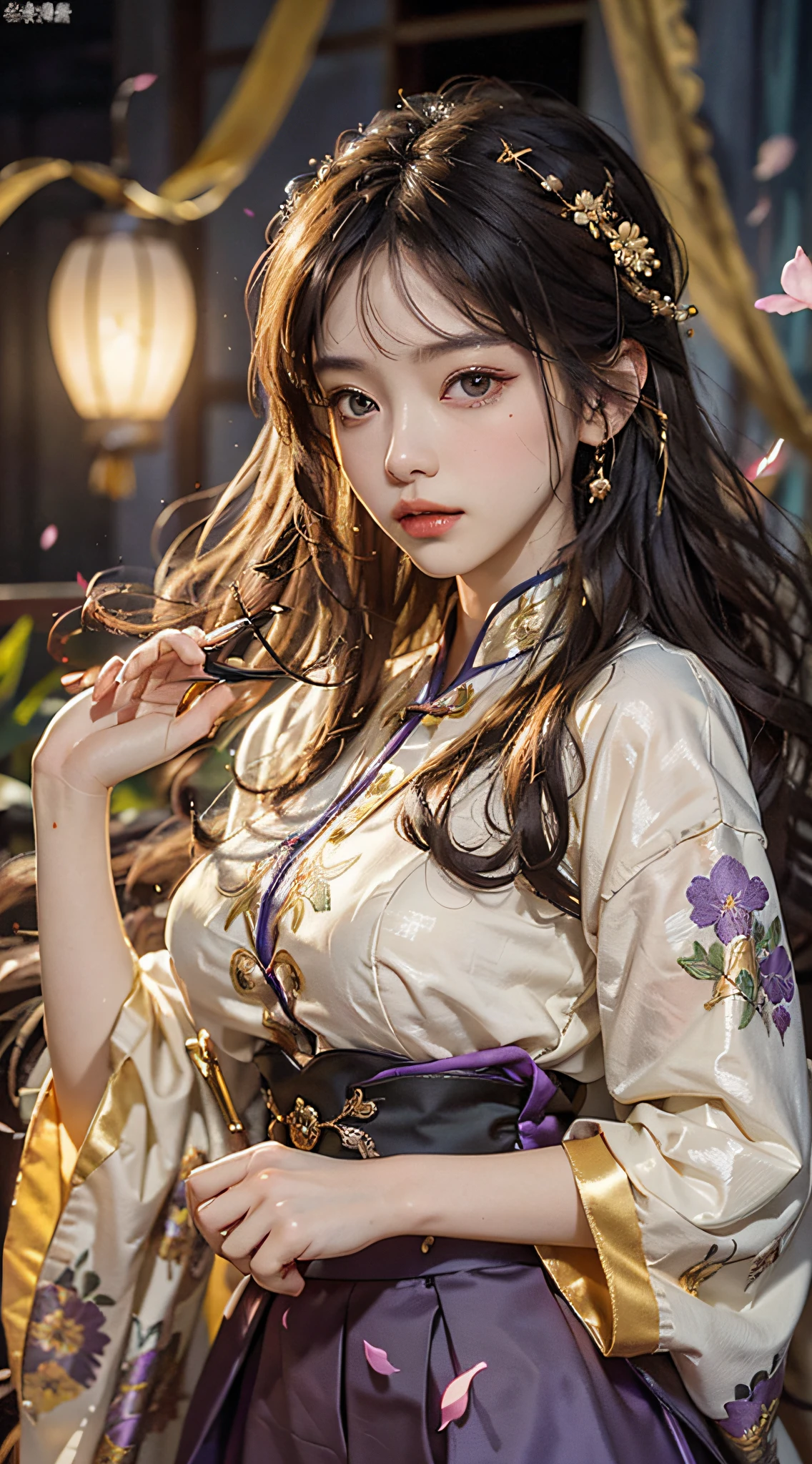 Superb Quality, Masterpiece, High Resolution, (Exquisite Body: 1.5), Extra Large Breasts (1.5) Stunning Beauty, (Milky Skin: 1.3), Exquisite Details, High Resolution, Wallpaper, 1 Woman, Solo, Dress, Hair Accessories, (((Golden Purple Skirt)) ), Flower, Long Hair, Brown Hair, Shut Up, Accessories, Long Sleeves, Raised Hands, Wide Sleeves, Big Eyes, Flowing Hair, Hanfu, Hanfu, Embroidery, Long Dress, Natural Pose, Falling Petals, Indoor, Fanning, Lantern, 16K, HDR, High Resolution, Depth of Field, (Film Grae: 1.1), Bocon, Primetime, (Lens Glow), Vignette, Rainbow, (Color Grading: 1.5)