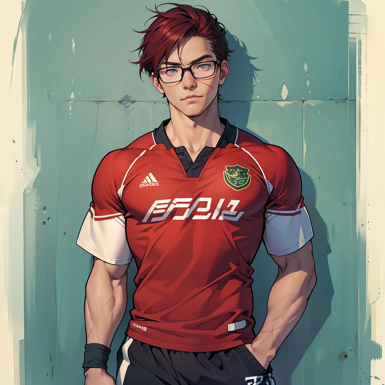 I stand at 6'5 and I am considered tall for Japanese standards. My body is filled with scars as I had to give up playing Rugby due to serious injuries inflicted in the sport. I am now a college major in art with the goal to become the greatest artist in the history of time. I have short maroon hair and wear glasses to accommodate my bad vision caused by playing a full contact sport. My eyes are green. Red short hair, running