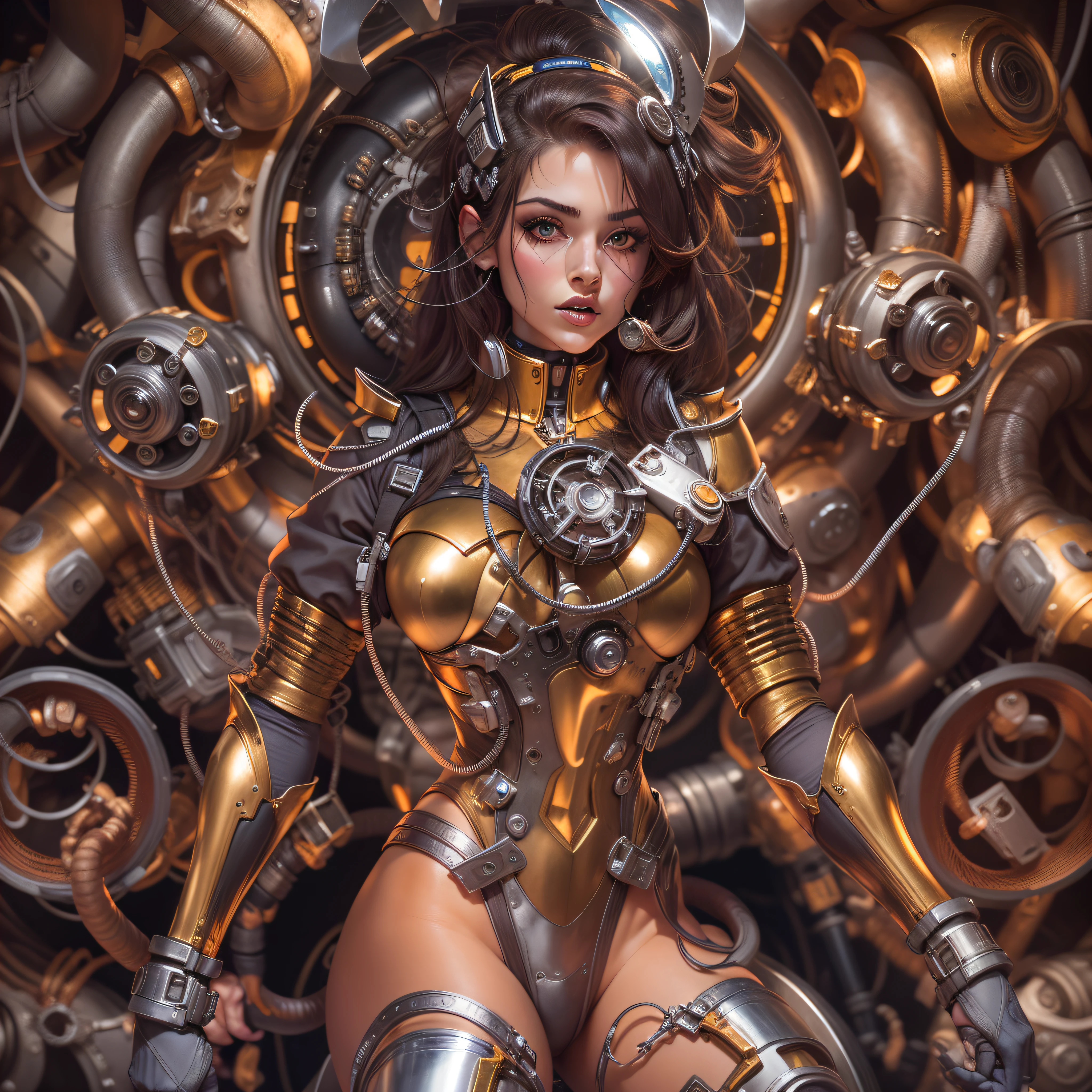 mujer exuberante y voluptuosa con uniforme a lascas de metal plata , oro y bronce con grandes ojos y piernas musculadas, cuenrpo entero, se encuentra en centro de control de nave espacial, (con maquinarias , tubos, cables y tecnologia). ((manos y dedos perfectos)).