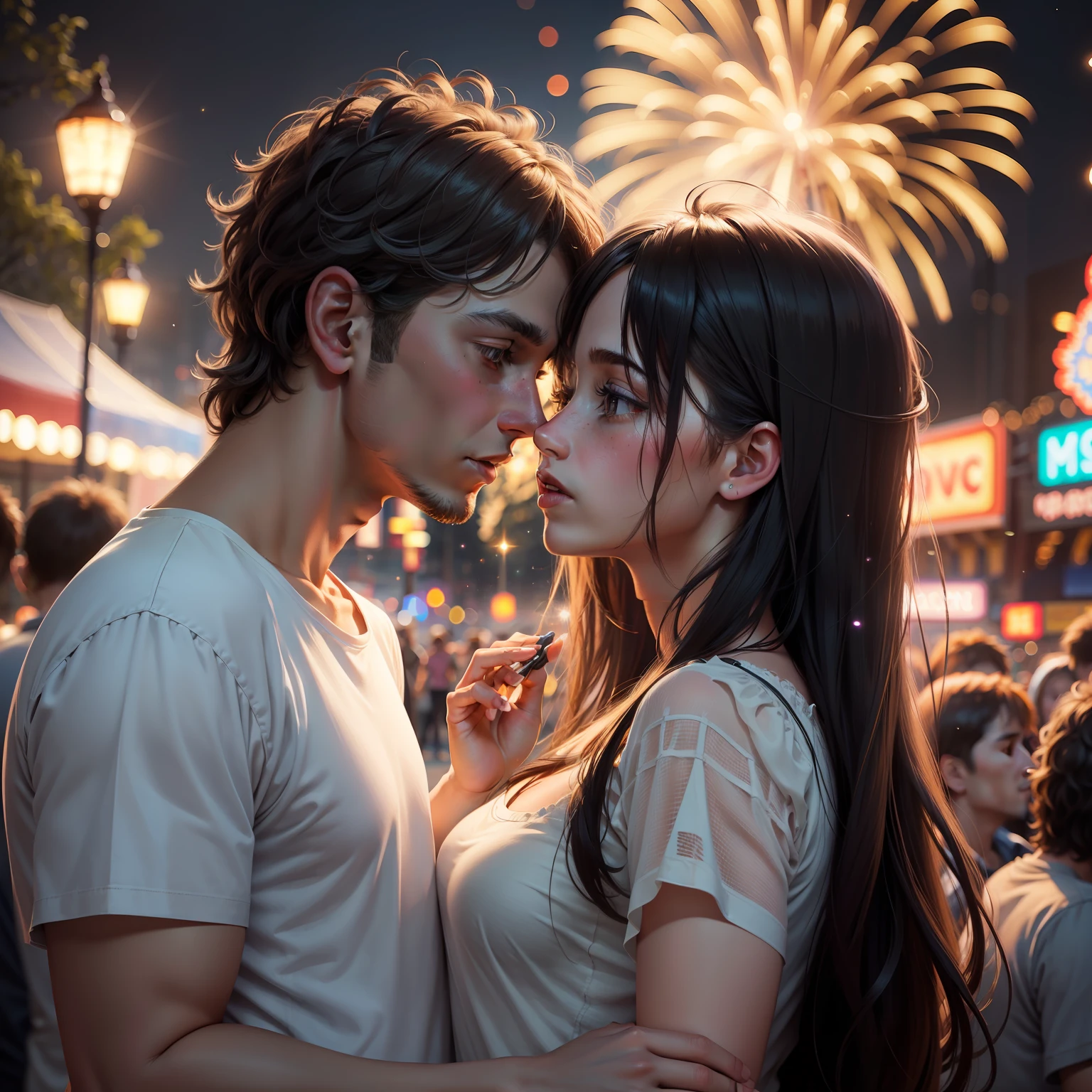 realistic, masterpiece, highres, (glow particles:1.3), moonlight, lens flare,( cinematic light),illustration,Amusement Park, (crowd:1.4),Fireworks,[:(detailed face:1.2):0.2] , detailed, detailed clothing, detailed background ,1 female, 1 male,dynamic pose,30 yo,(disheveled hair:1.2),lustrous skin,wearing white t-shirt, (ear piercing:0.5), (necklace:0.5),  (looking at each other), romantic couple,