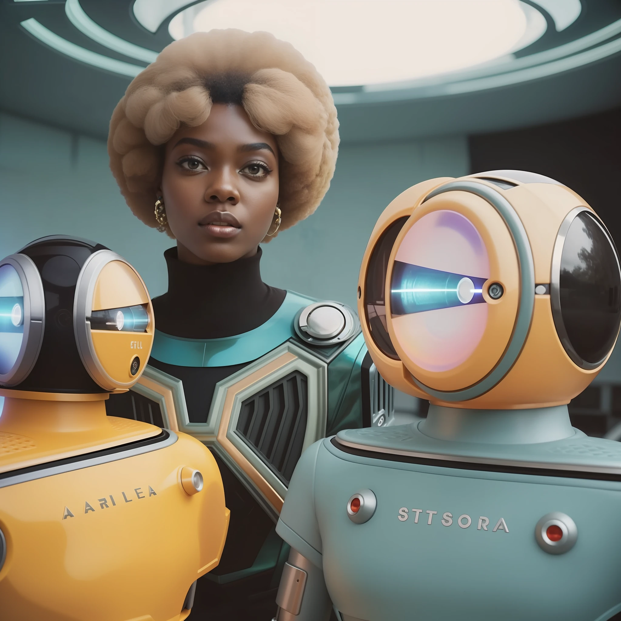 there are two robots that are standing next to each other, Estilo Afrofuturista, Elle Fanning como um androide, Afrofuturismo, Futurismo Afro, as a retro futuristic heroine, 7 0's vintage sci - estilo fi, androide feminina africana, retro futuristic style, Afrofuturista, as a retrofuturistic heroine, afro - estilo futurista, Afrofuturista, Afro Futurista