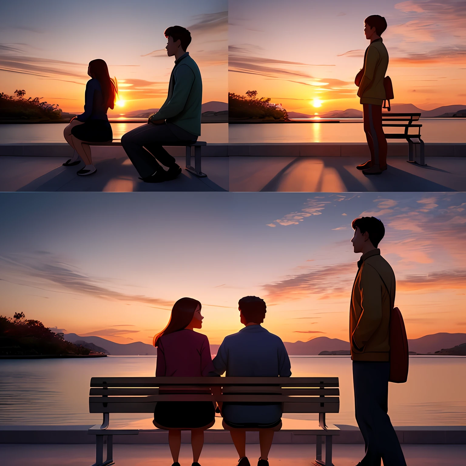 Illustrate two contrasting scenes – one image depicting a couple in love sharing a romantic moment and another image with a lonely person contemplating the sunset on an 8k park bench