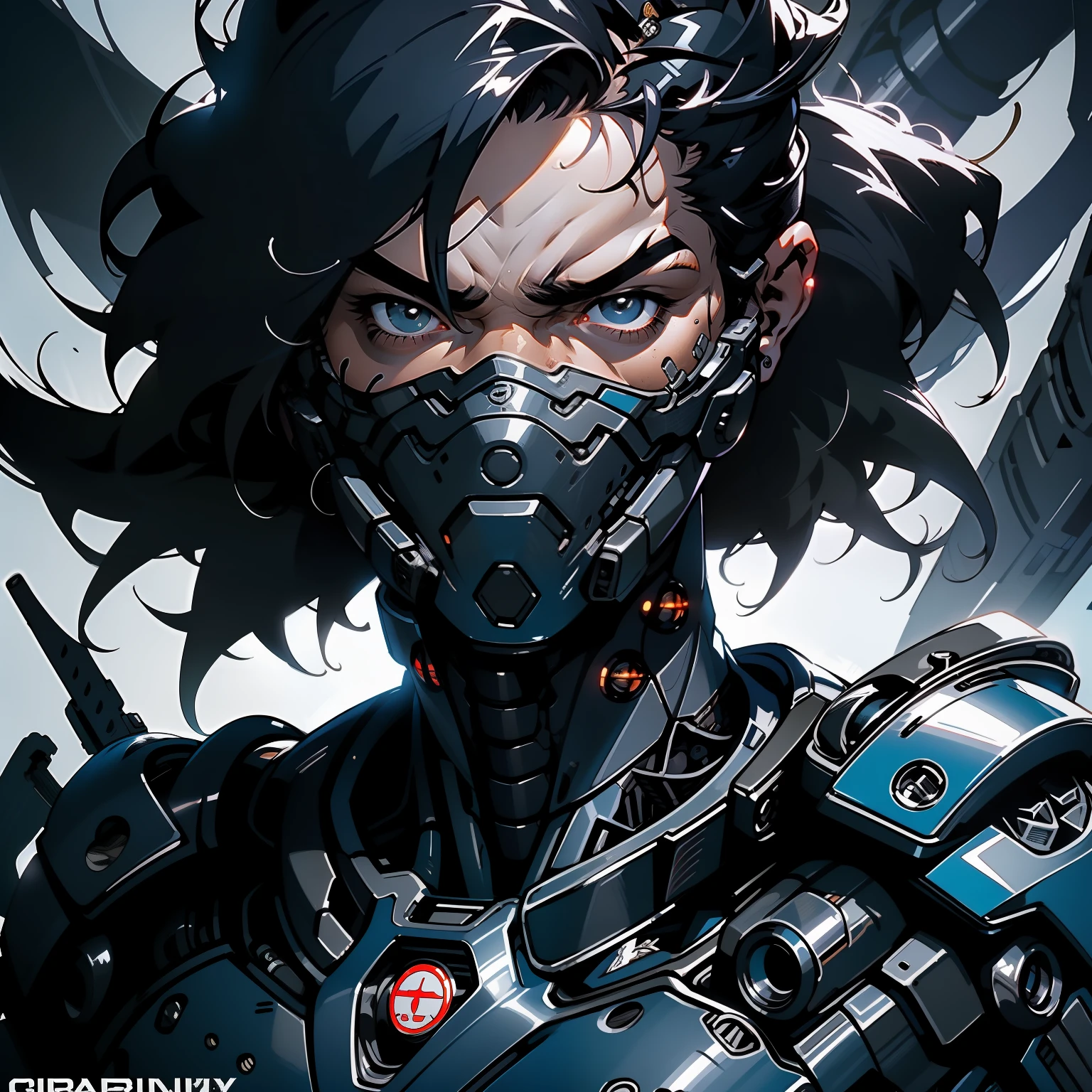 ((Best quality)), ((masterpiece)), (detailed: 1.4), (((cyborg ninja))) in the Simon Bisley style for the cover of Heavy Metal magazine, full body, (((super short black hair))), clean face, light blue carbon fiber clothing with small details in dark blue and white, city background