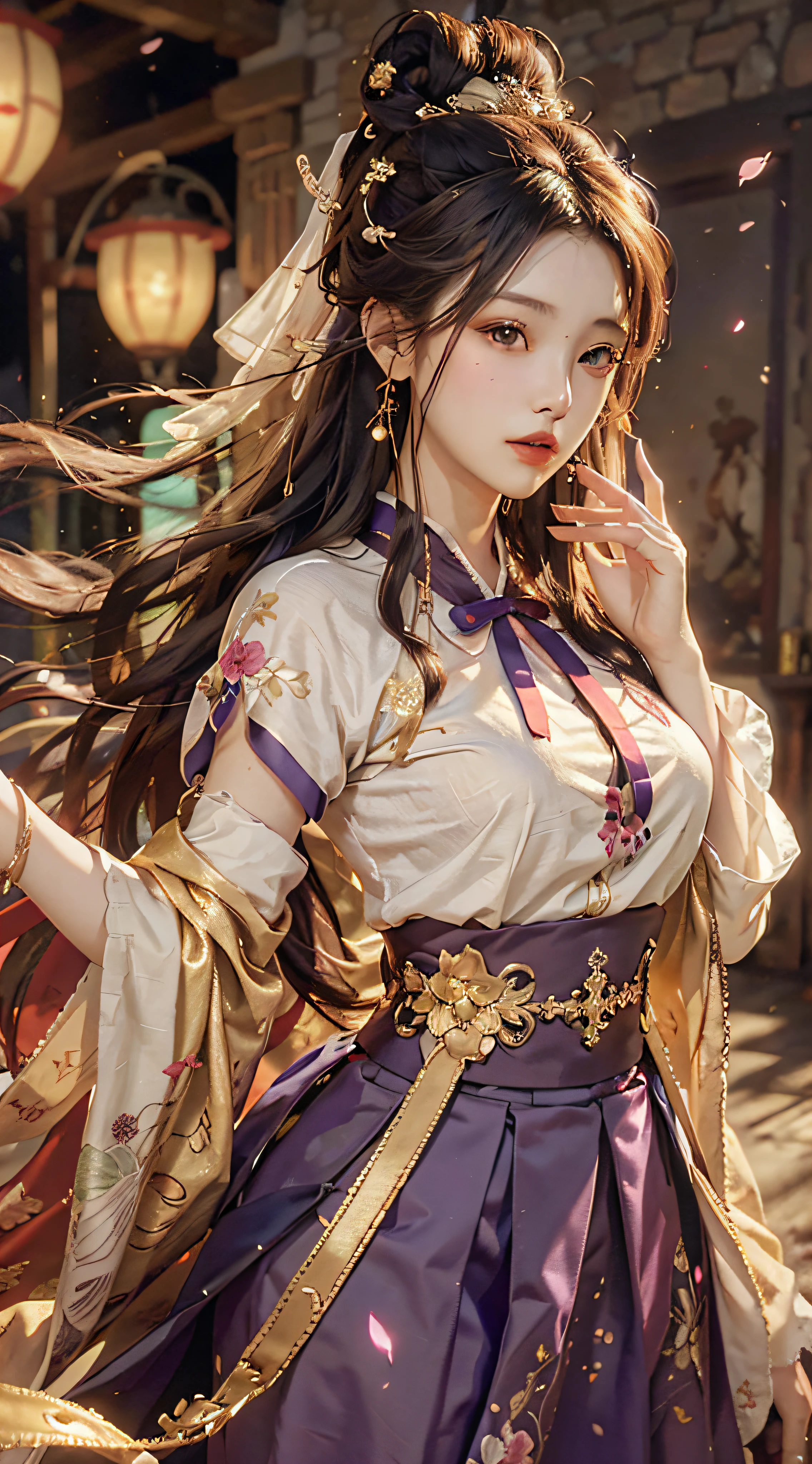 Superb Quality, Masterpiece, High Resolution, (Exquisite Body: 1.5), Stunning Beauty, (Milky Skin: 1.3), Exquisite Details, High Resolution, Wallpaper, 1 Woman, Solo, Dress, Hair Accessories, (((Golden Purple Skirt)) ), Flower, Long Hair, Brown Hair, Shut Up, Accessories, Long Sleeves, Raised Hand, Wide Sleeves, Big Eyes, Flowing Hair, Hanfu, Hanfu, Embroidery, Long Skirt, Natural Pose, Falling Petals, Indoor, Fanning, Lantern, 16K, HDR, High Resolution, Depth of Field, (Film Grae: 1.1), Bocon, Primetime, (Lens Glow), Vignette, Rainbow, (Color Grading: 1.5)