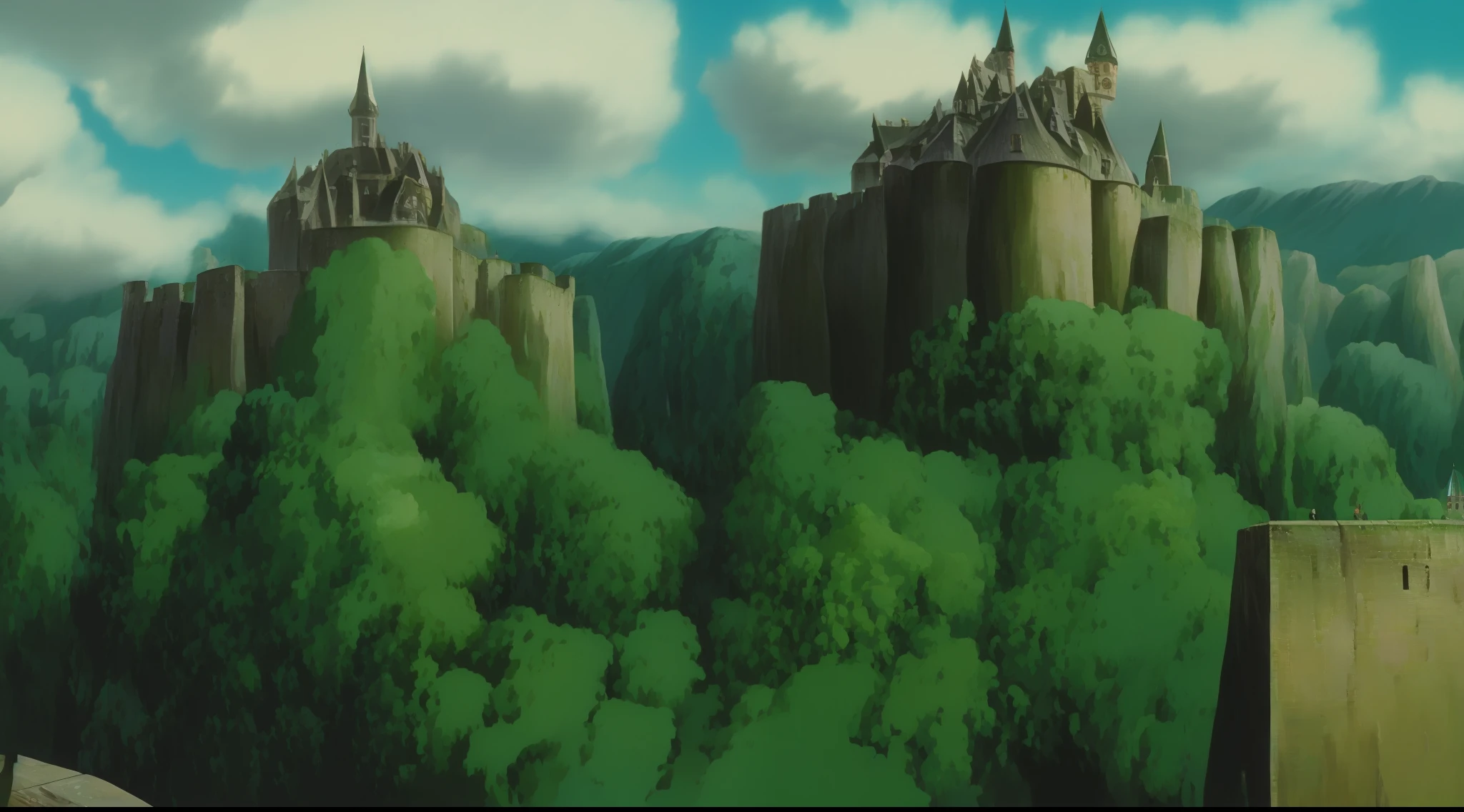 imagem de anime, Paisagem, um velho castelo antigo no canto direito da imagem, A magician in the castle tower, o mago veste uma roupa verde e um capuz verde, paleta de cores voltadas para as cores marrom, vermelho, verde e azul pastel