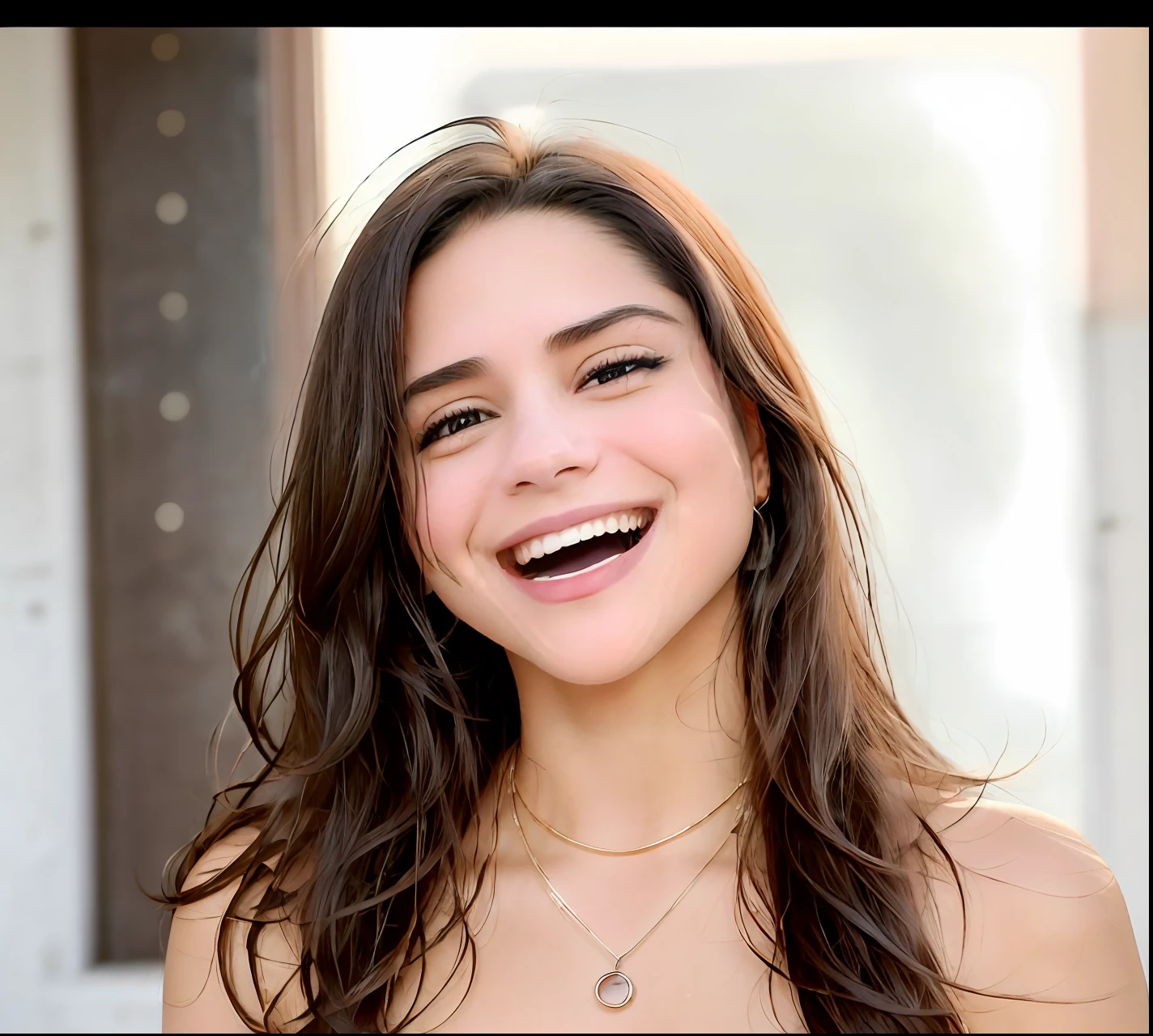 Araffe mulher com longos cabelos cacheados usando brincos coloridos e um top rosa, brincos enormes e maquiagem queer, Justina Blakeney, Violeta Myers, wears an egyptian ankh necklace, ela tem cerca de 1 6 anos de idade, taken in the early 2020s, she is in pure bliss, bonito e sorridente, brincando de camisa rindo