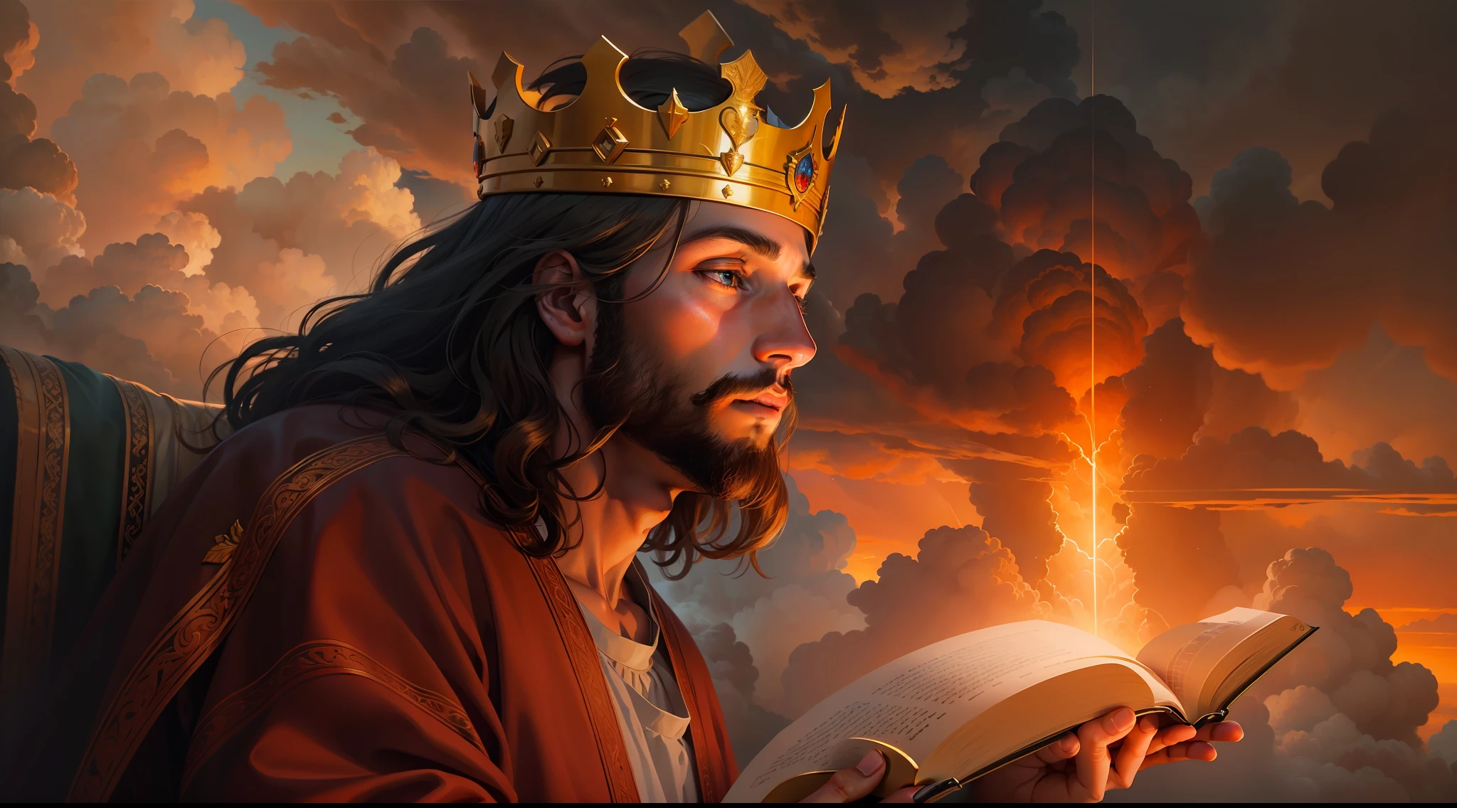 [uma pintura realista de Jesus, rosto bem feito, Reading the Bible with a golden crown amid the clouds of the burning sky]