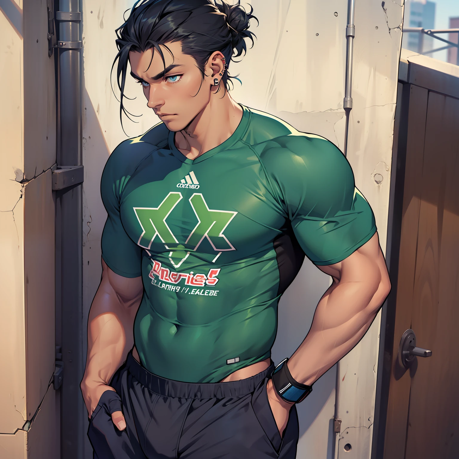 I stand at about 5'11", broad shoulders, toned abs, thick thighs... sorry, did I mention I do hockey? I'm pretty good at that too. Anyway, I look pretty much how you'd expect a hockey player to look. Dark skin, long dark blue hair, and striking blue eyes. I usually try to dress somewhat conservatively, but it's hard to hide the goods, you know. handsome male, big bulge in pants, dark skin, piercings, hair in man bun, playing hockey