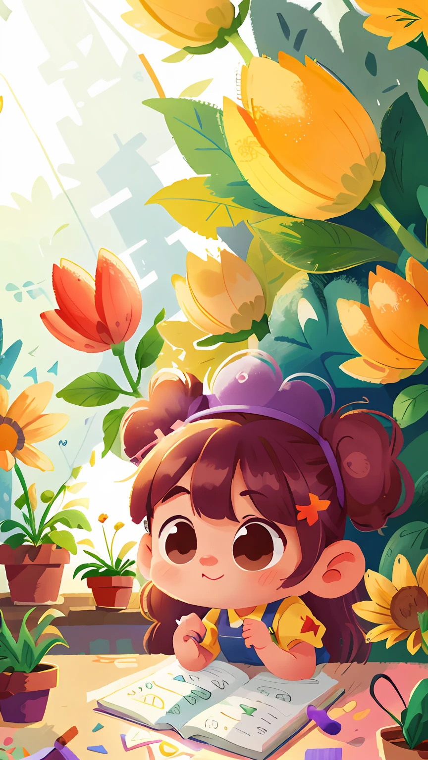 A cute girl planting flat vector in glass greenhouse, naive, handpainted, cheerful colors (Clutter - home:0.8), (tmasterpiece:1.2) (realisticlying:1.2) (Bokeh) (best qualtiy) (detailedskin:1.3) (complexdetails) (8K) (detailedeyes) (Sharp focus),(having fun)