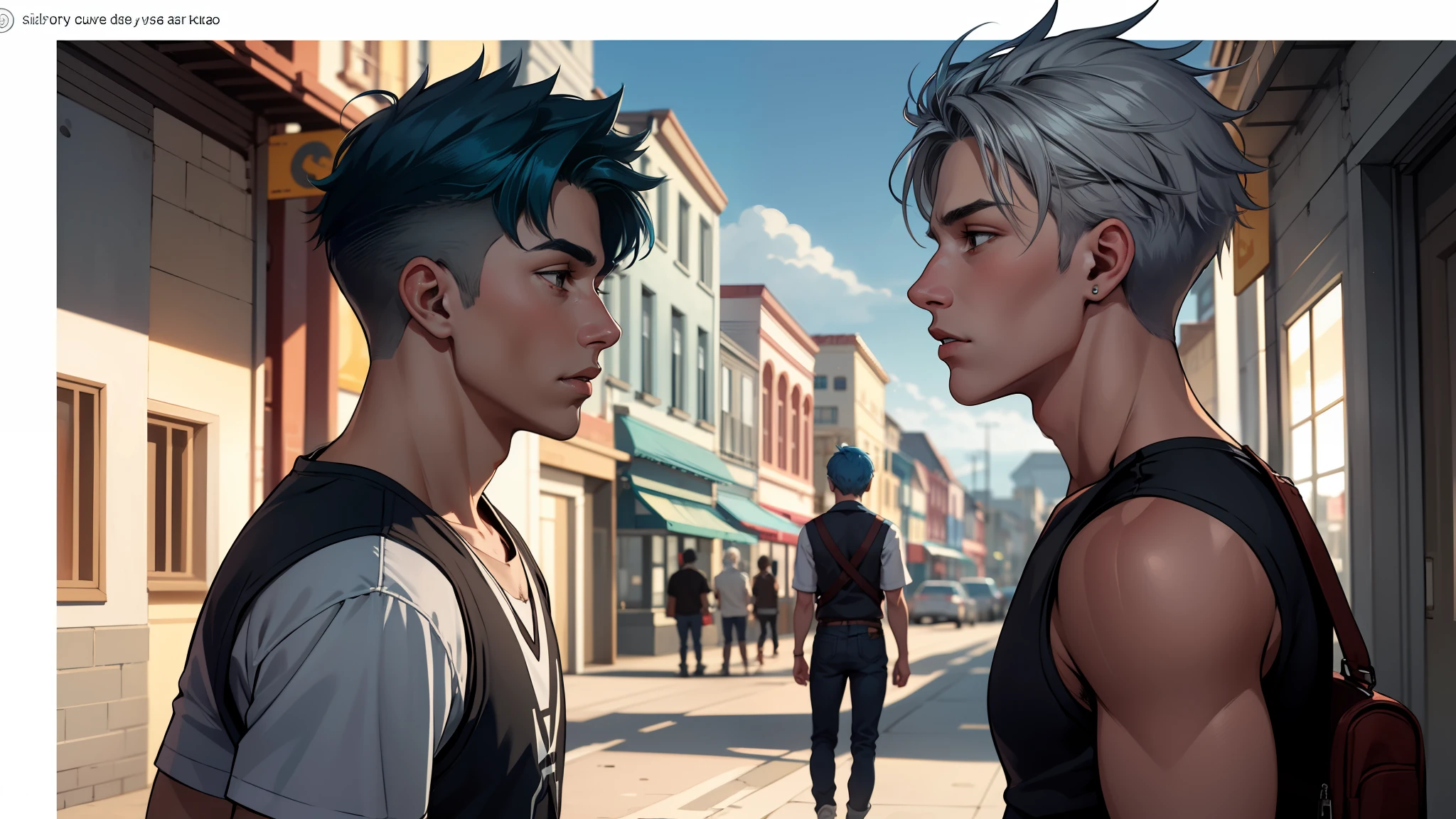 In the background is a silver city Two 15-year-old age friends with blue hair, With Latin skin and light gray hair on the outskirts of a large silver city they are talking about an important topic they are friends almost like brothers...........