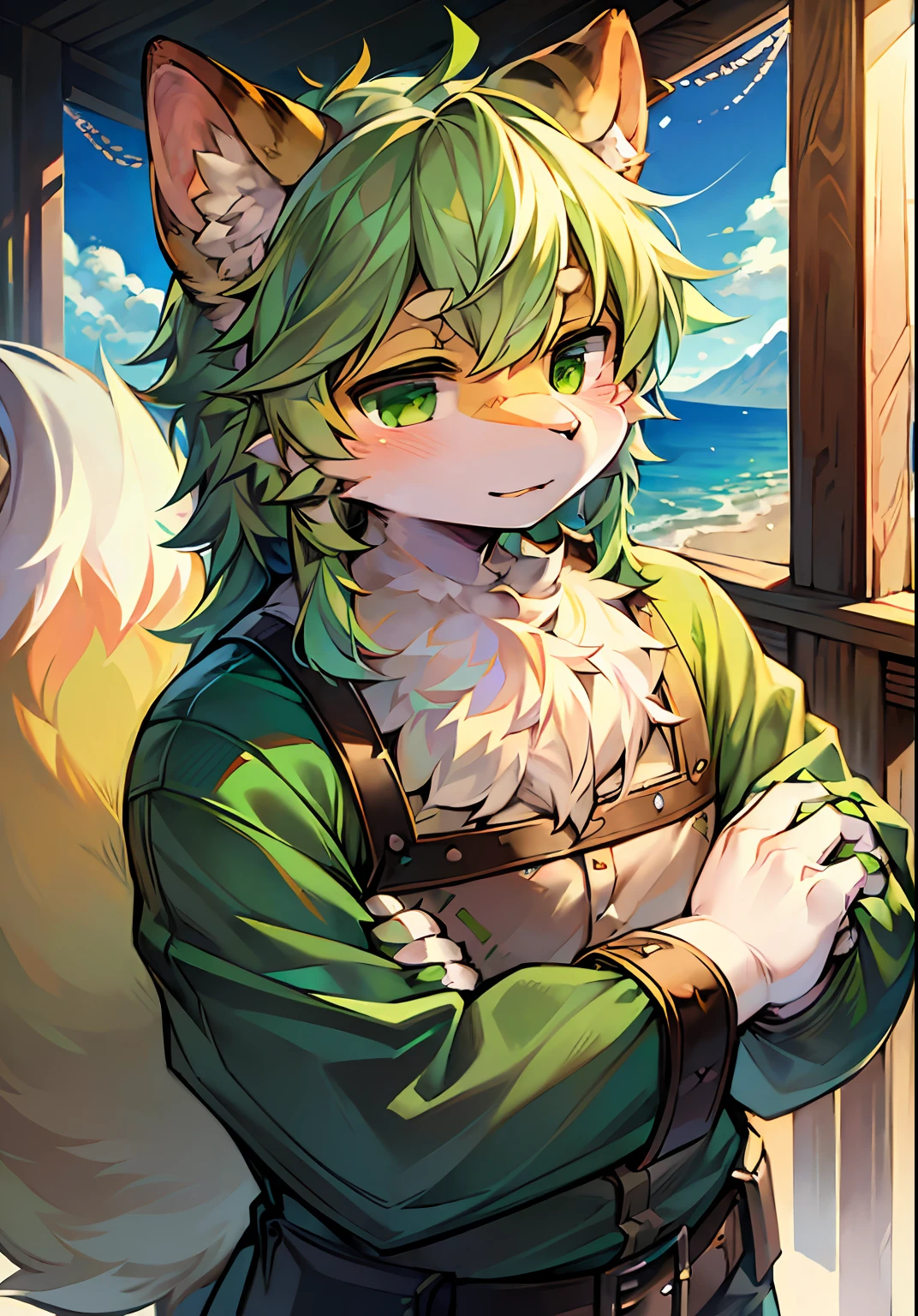 Masterpiece,High quality,abstract res,Digital painting\(artwork of a\), author:BrukkiGunar, Yupa,Kiyosan,(anthro,Fluffy fur,Character focus:1.1),anthro male cat,Portrait , eyes with brightness, in a panoramic view, Character focus.(detailedbackground:0.7), 独奏, shaggy, shaggy male, ,malefocus, Robust,Strong anthrax(Full Body Furry, It has a fluffy tail,With a green pattern, White fur, Dark green eyes), (Long felines、Beige ears,Green pattern、Beige tail、It has a light green smoky pattern on its body、Beige hair,The ends of the hair are green、 The tail has dark green stripes、There is a green scar-like stripe on the bridge of the nose),(External、In the daytime、clear skies)