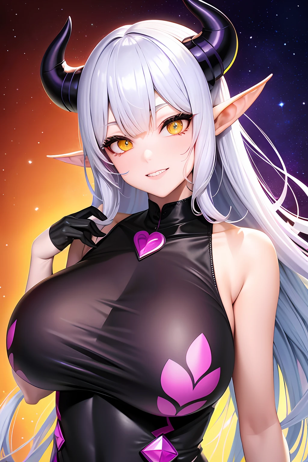 A female Milf demon with long silver hair and purple locks with elf ears and black demonic horns, Yellow eyes of the demon, pupila vertical, rosto maduro e adulto com um sorriso perverso para os espectadores, dentes de vampiro, corpo volumoso com seios e busto enormes, pale skinned, vestido de noiva, Cyberpunk city destroyed, abandonado e sujo, Particulas roxas, corpo volumoso com seios e busto enormes, Cabelo prateado com mechas roxas ,(yellow demonic eyes), olhos brilhantes, Moda realista, sysie high definition details, fotografia, perspicacity, unique 850 4, Koda850 k portrait camera, Primavera F1.6, cores ricas, Textura super realista, textura de luz espetacular, arte surreal, Cinestil 800 mecanismo de moda.