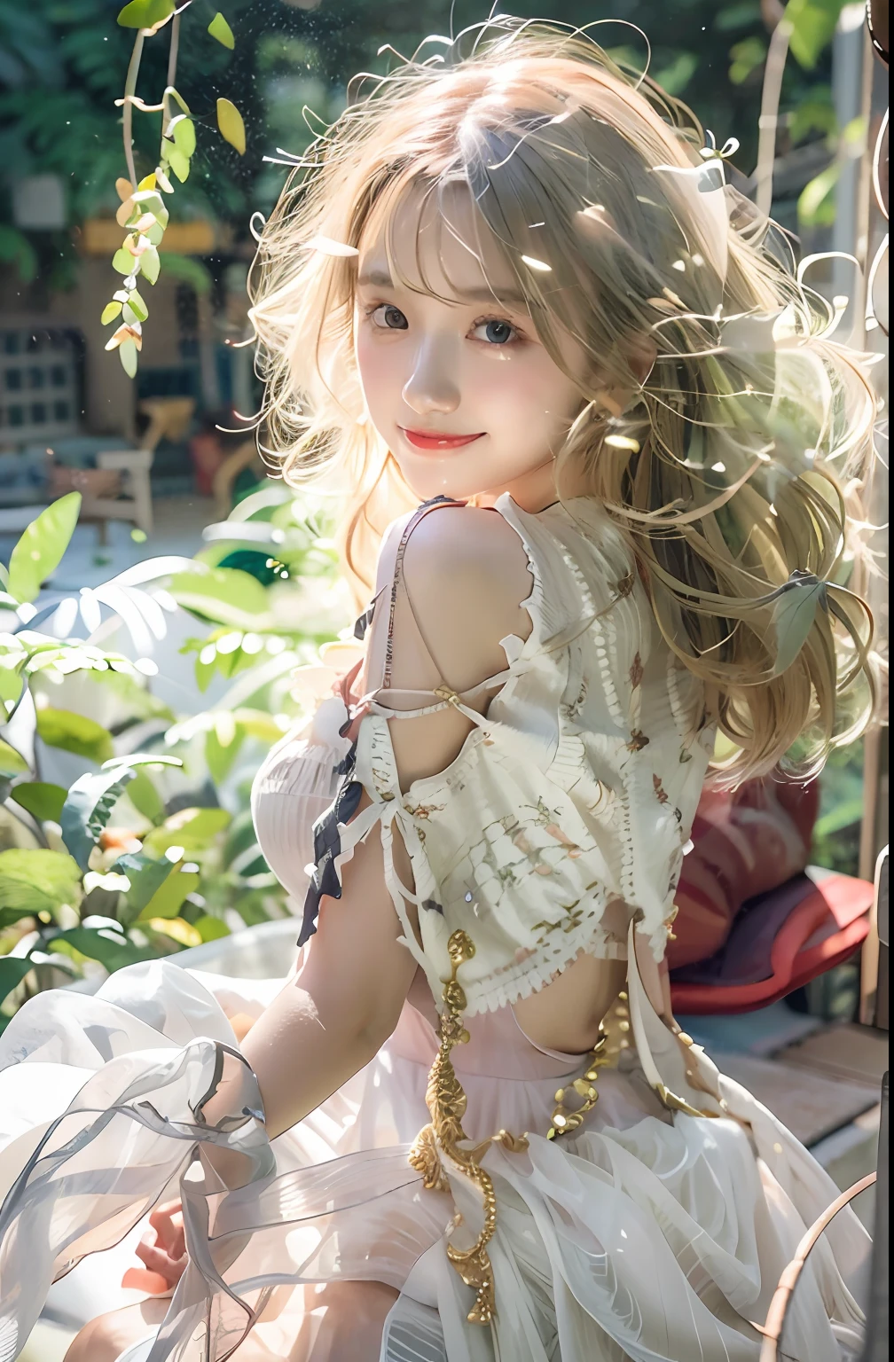 Need,tmasterpiece,Highest image quality，whaite hair,Golden eyes,White dress,Look up,Hairline,Fair skin,SideBraid，White and tender arms，Beautiful legs，Sit Pose，Slightly transparent skirt，beautidful eyes，largeeyes，ssmile，photorealestic