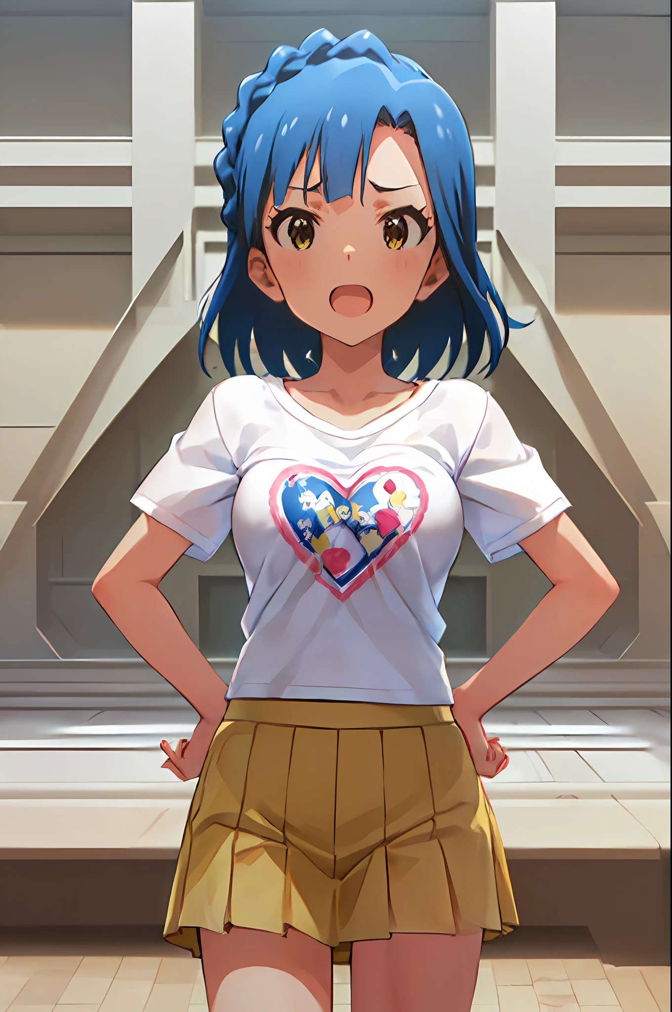 yuriko nanao (million live). Short stature. (((white t-shirts))).(((Skirt))).(((masterpiece))).(((best quality))).((Ultra-detailed))).(((illustratio))). (((put hands on the hip))).(((a room))).(((make a fist))).(((up chest))).Despair face.((short-hair)).((big breasts)).((Opening Mouth)).((Heart on chest)).