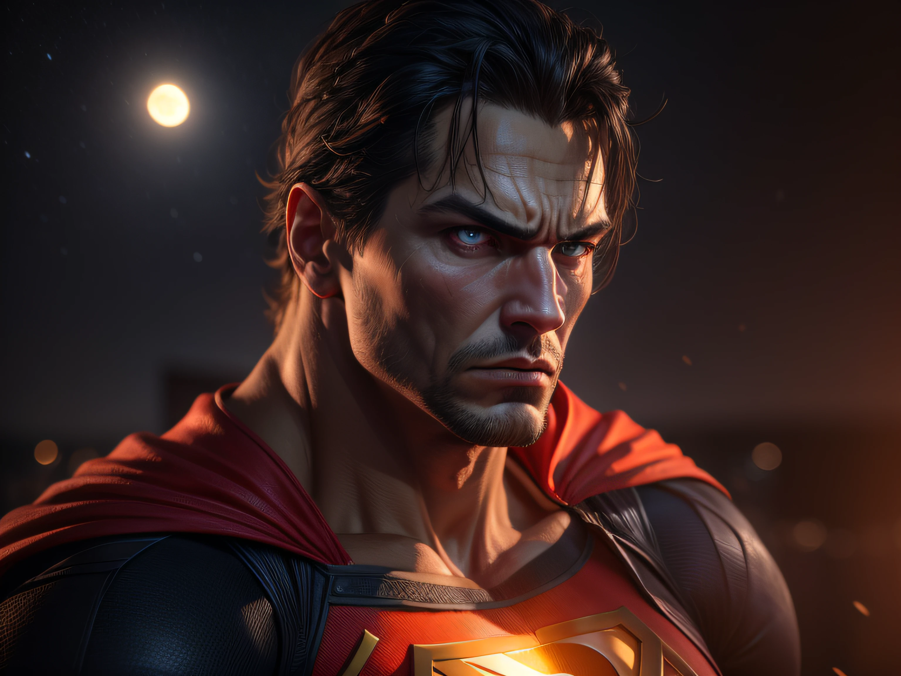 Close a powerful threat, The imposing appearance of the mighty Superman dressed in orange uniform, menacing stare, ricamente detalhado, Hiper realista, 3D-rendering, obra-prima, NVIDIA, RTX, ray-traced, Bokeh, Night sky with a huge and beautiful full moon, estrelas brilhando, 8k,