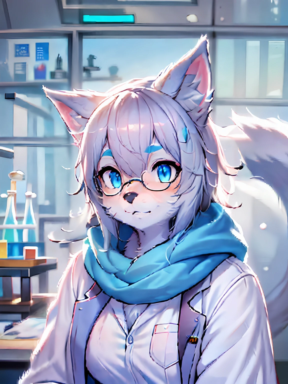 Anime character with arctic fox ears wearing lab coat and blue scarf,arctic fox,Fluffy blue fur and blue tail,Wear half-rimmed glasses,Arctic fox beauty in lab coat, Fox scientist,inside the lab, professional furry drawing